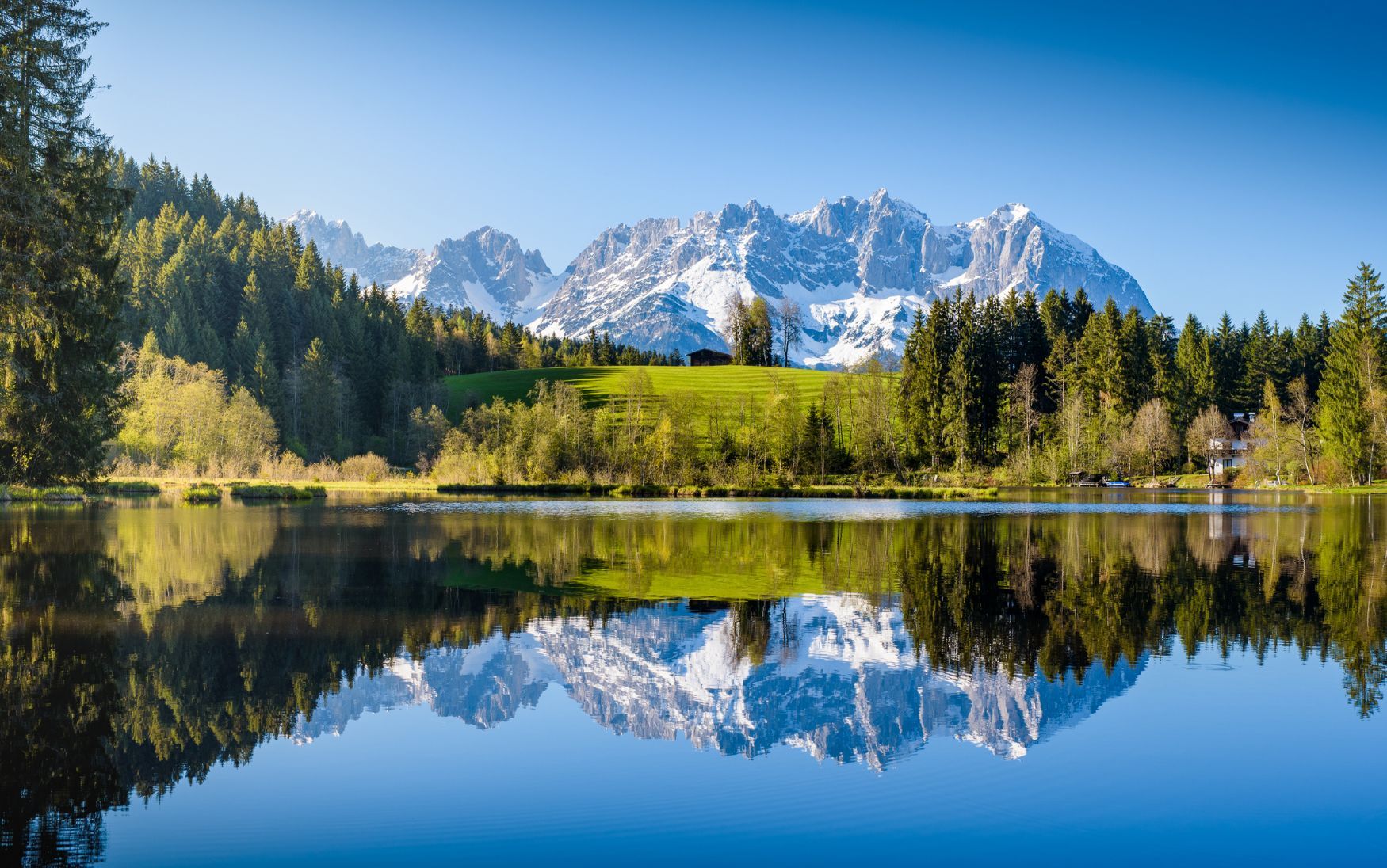 The Wilder Kaiser mountains reflected in a lake.