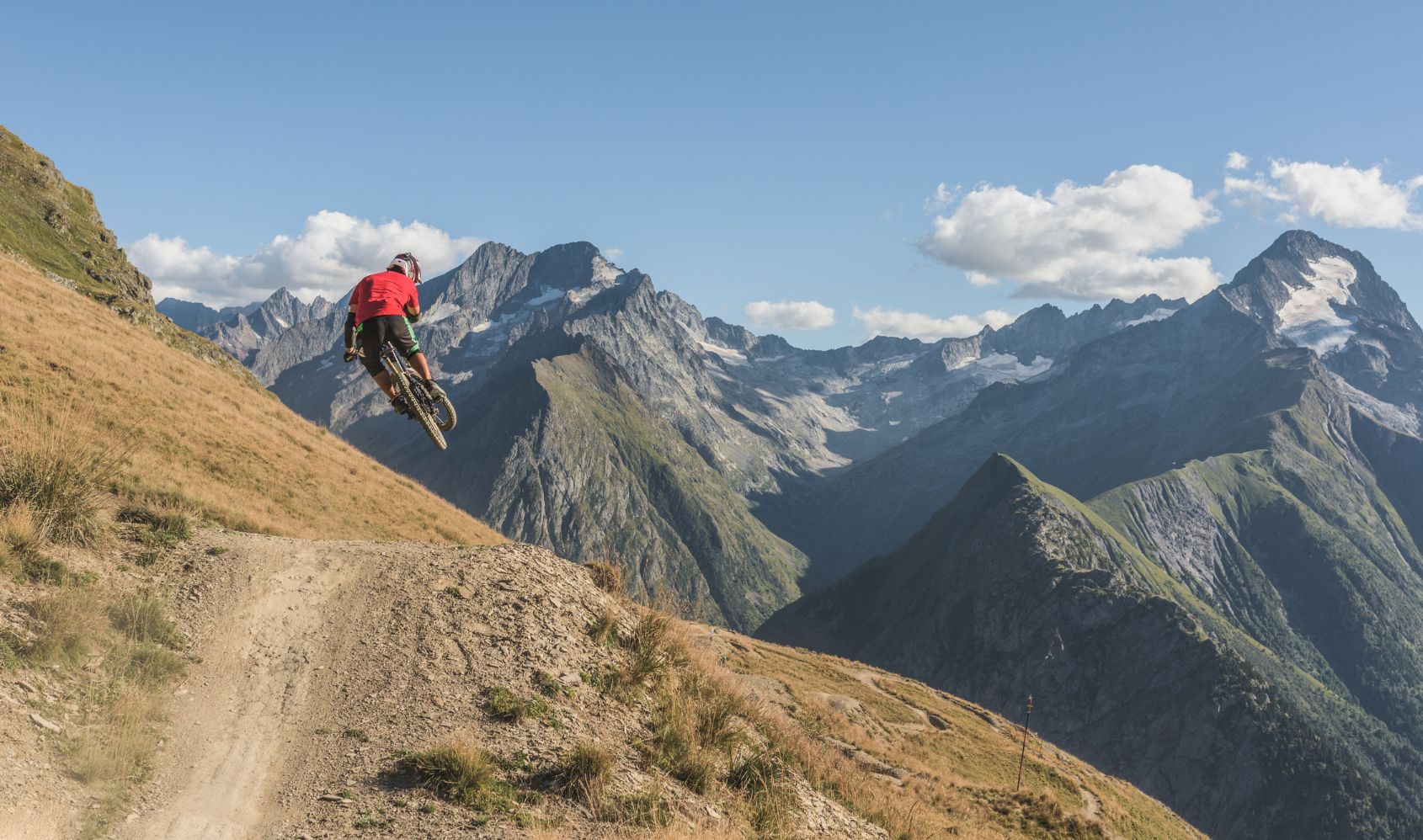 A mountain biker on the trails at the bike park in Tignes, the Alps.