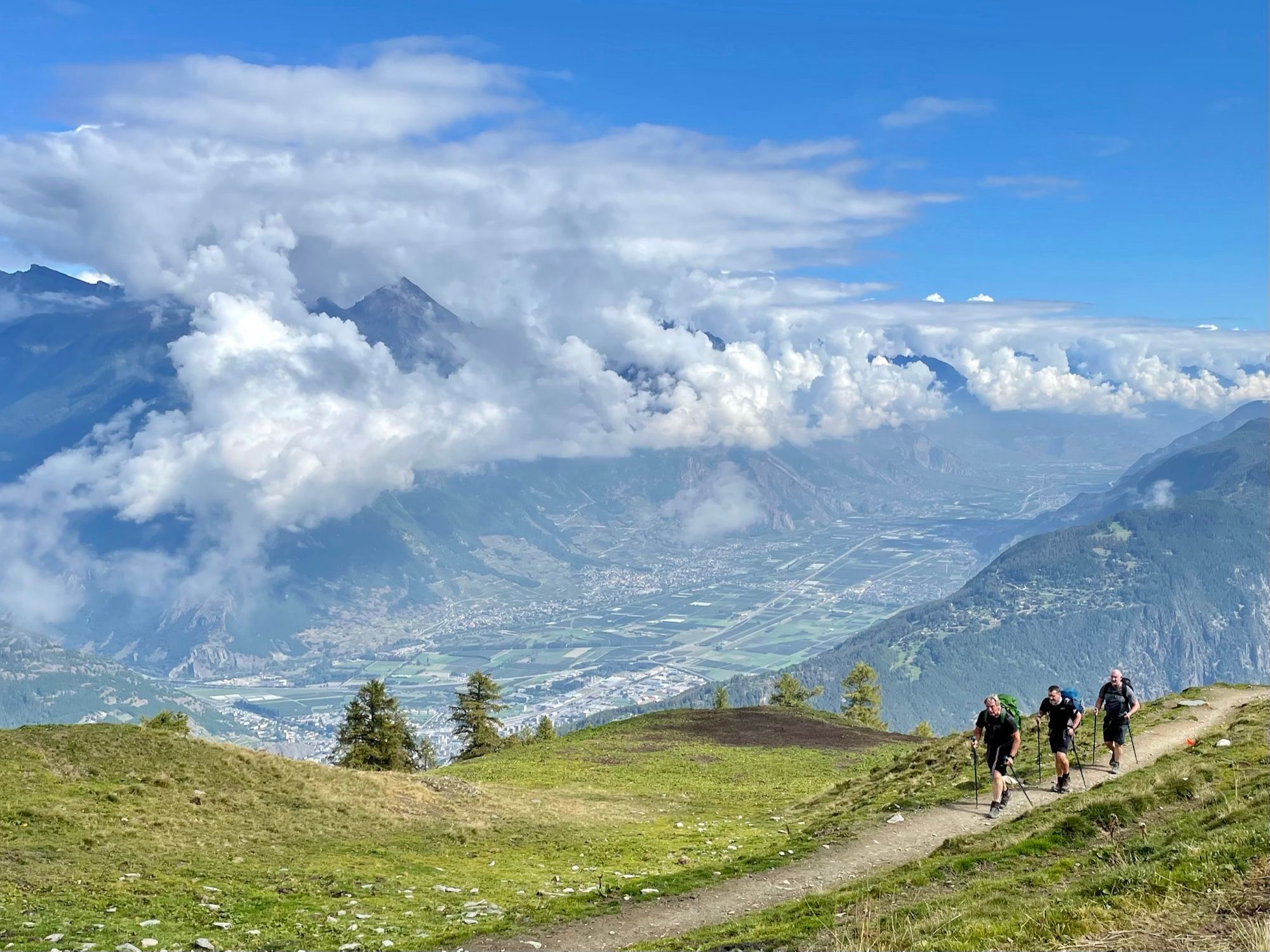 Hikers on a high trail above the Rhone Valley...
