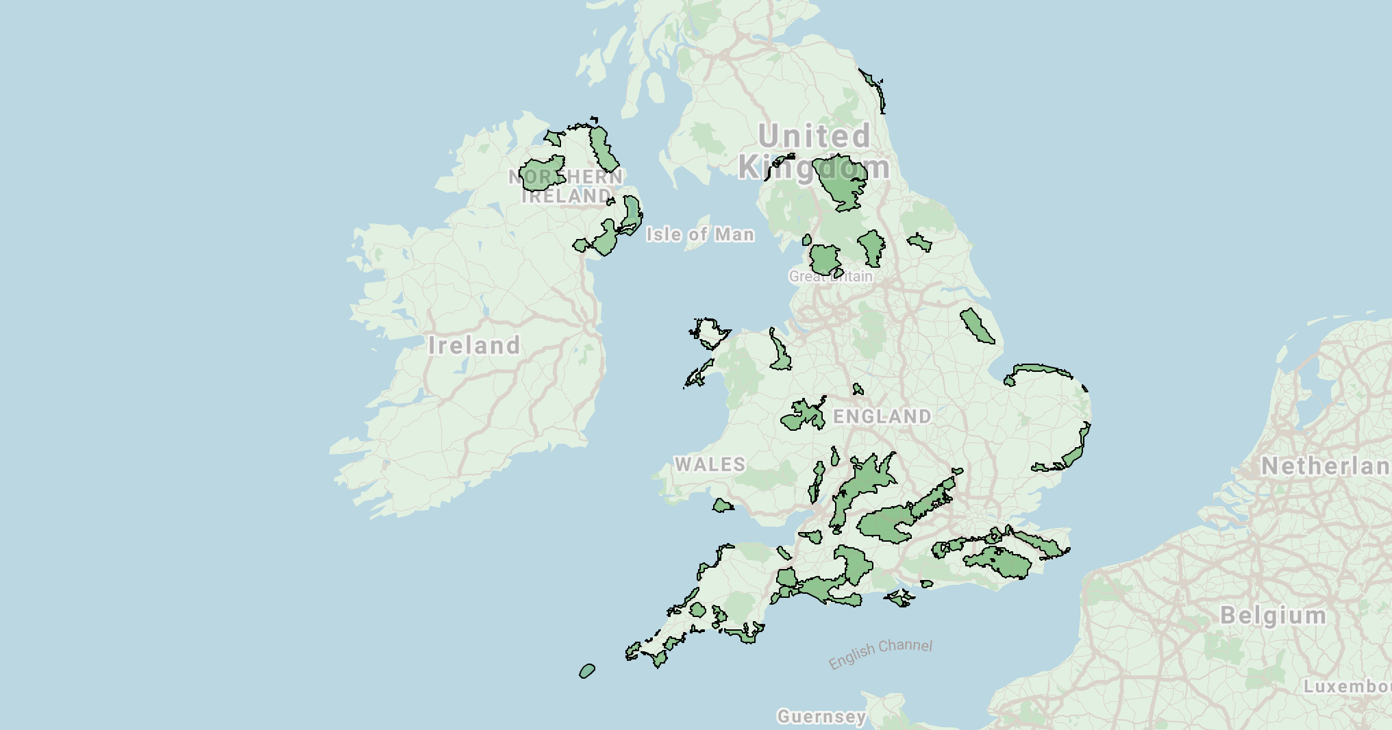A screenshot of the fantastic AONBs map from the Google Maps page on Landscapes for Life.