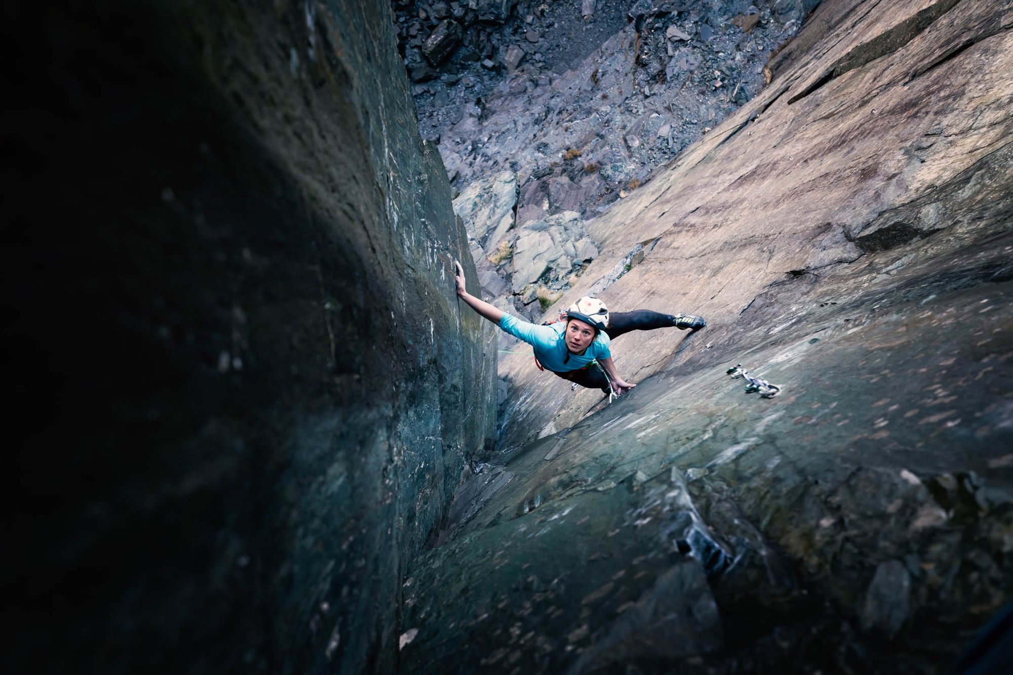 Professional climber Caroline Ciavaldini climbing The Quarryman in North Wales, where she made the first female ascent.