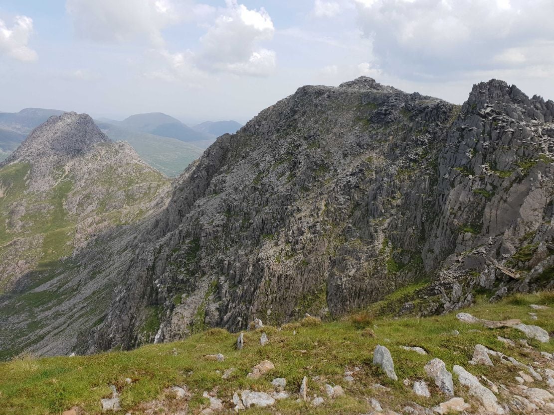 Looking back towards Bristly Ridge and Tryfan from west of Glyder Fach, Snowdonia