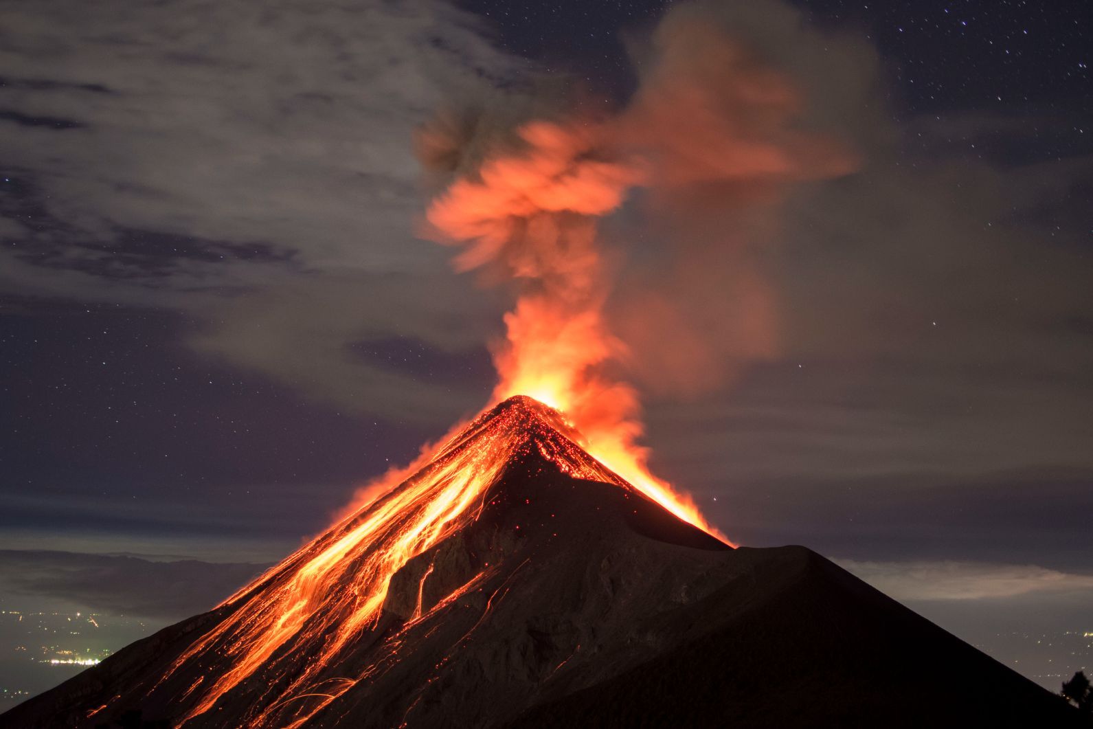 Mount Acatenango, Guatemala, in the midst of an eruption.