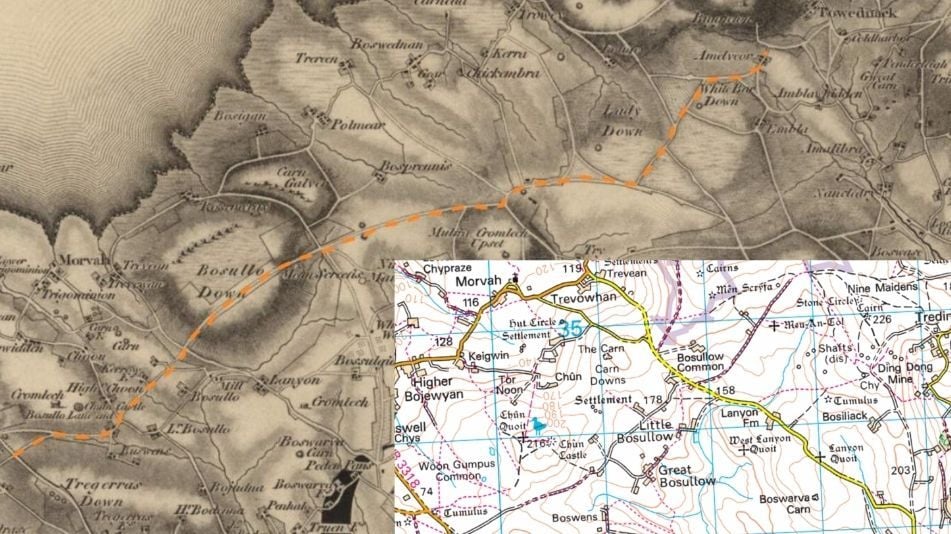 The Tinners' Way on a map from 1699, with modern map inset