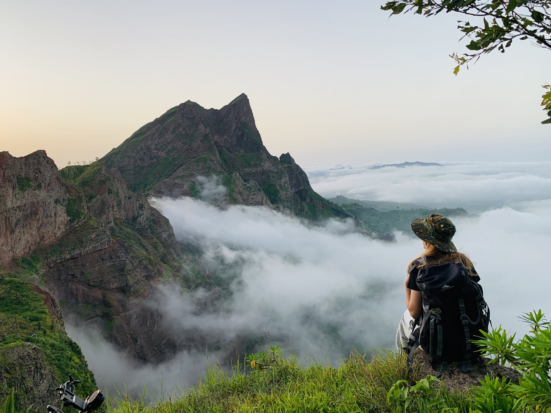 A hiker looks at the peak of Pico do Fogo, in the Cape Verde Islands.