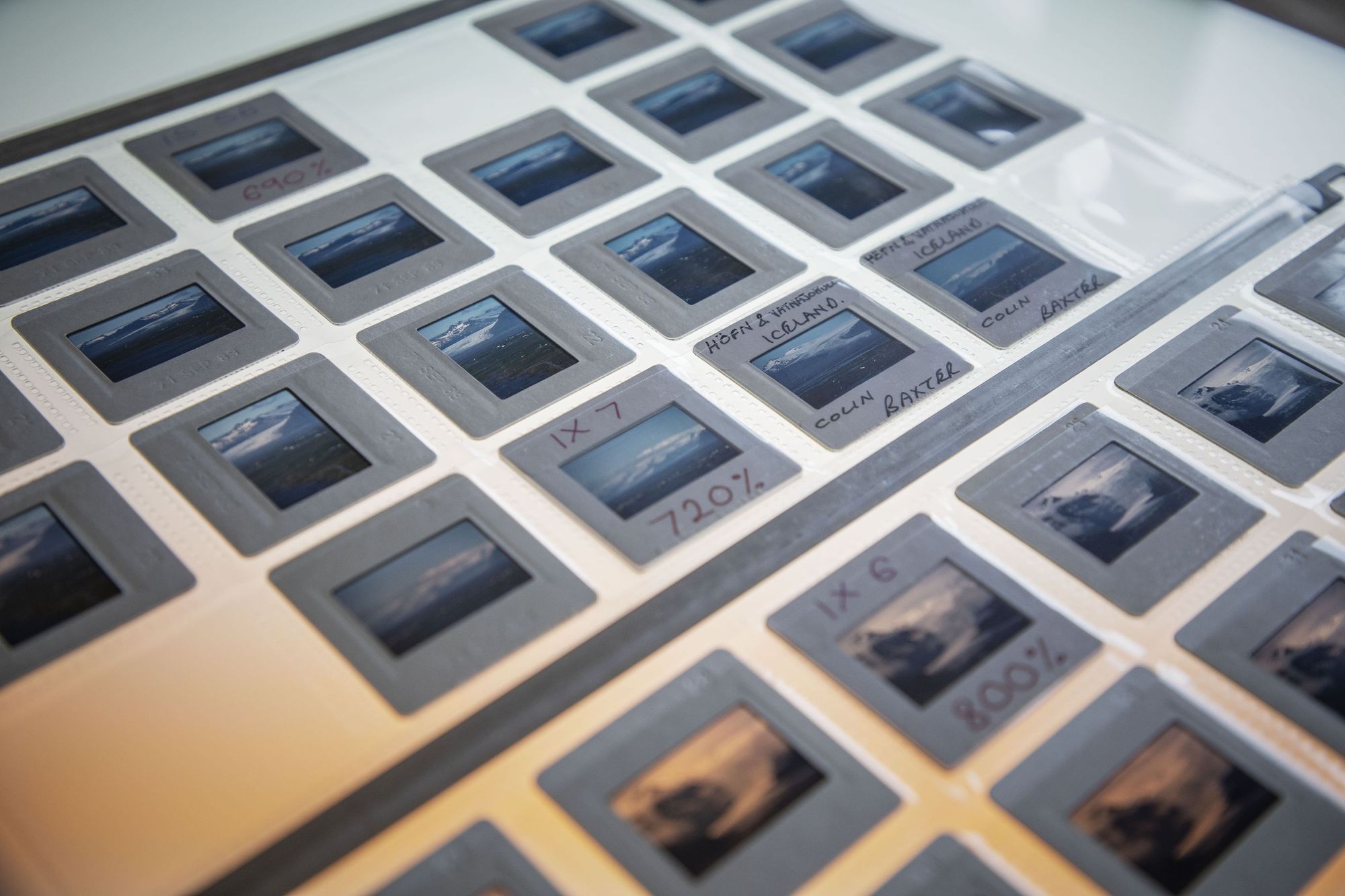 Photographic slides of Icelandic landscapes taken by Colin Baxter in the 80s and 90s.