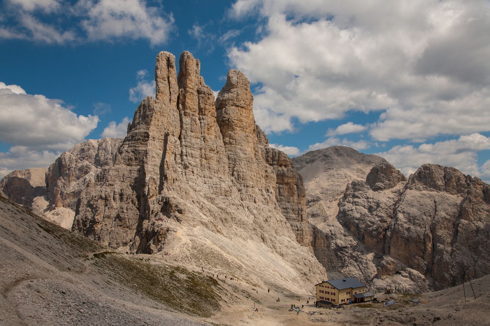 The Torres de Vajolet and the Re Alberto refuge in the Catinaccio Group in the Dolomites
