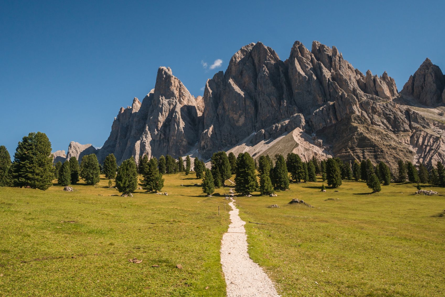 The Puez Group, a craggy group of rocky mountains in the Puez-Odle Nature Park.