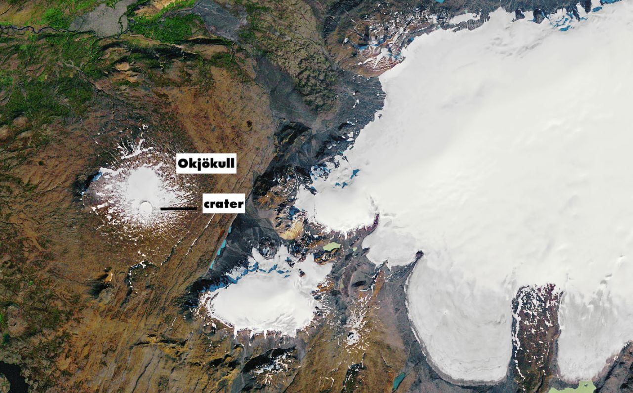 A NASA Earth Observatory image of Okjökull in 1986, using Landsat data from the U.S. Geological Survey.