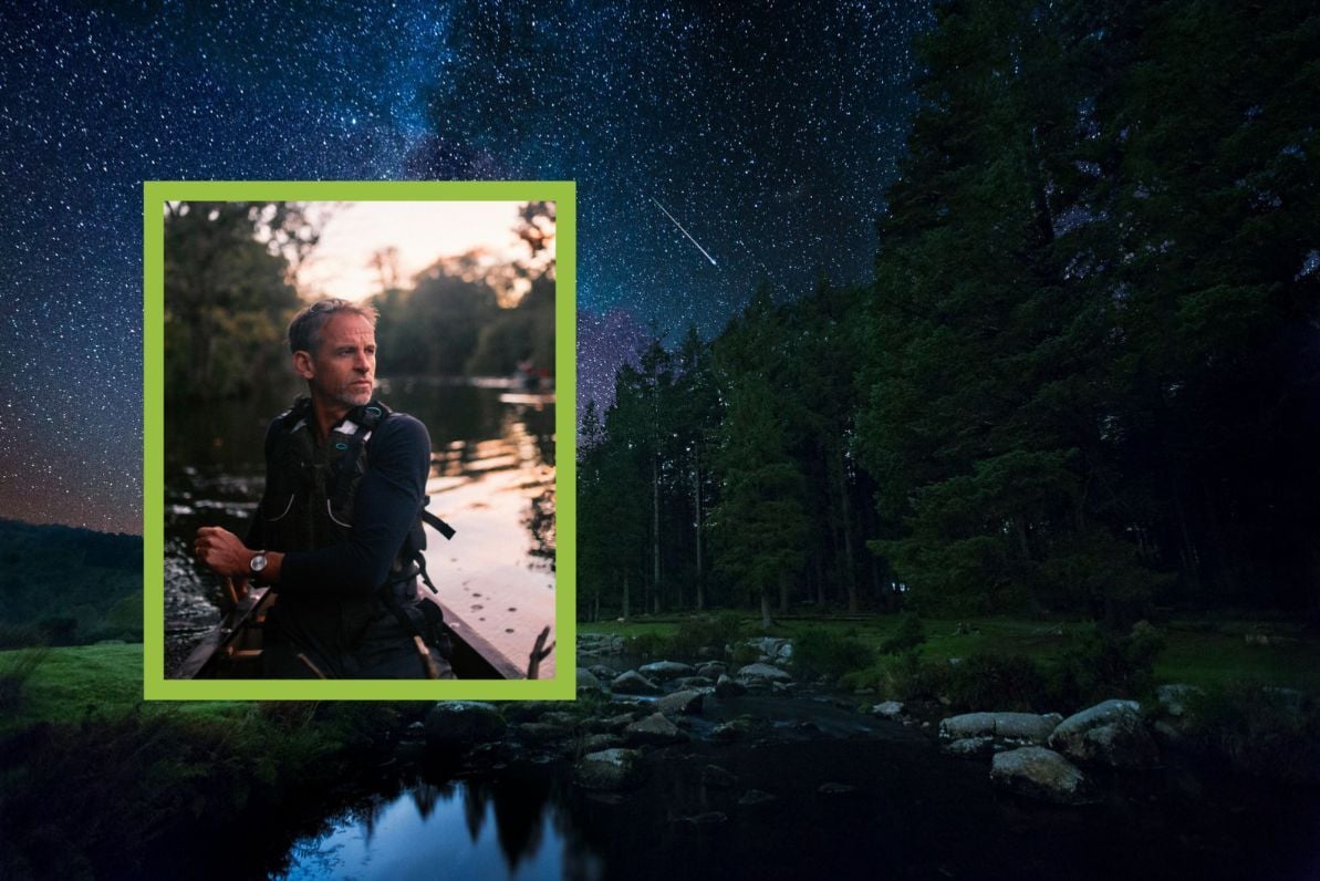 A photo of Chris Salisbury inset over a photo of a night sky full of stars.