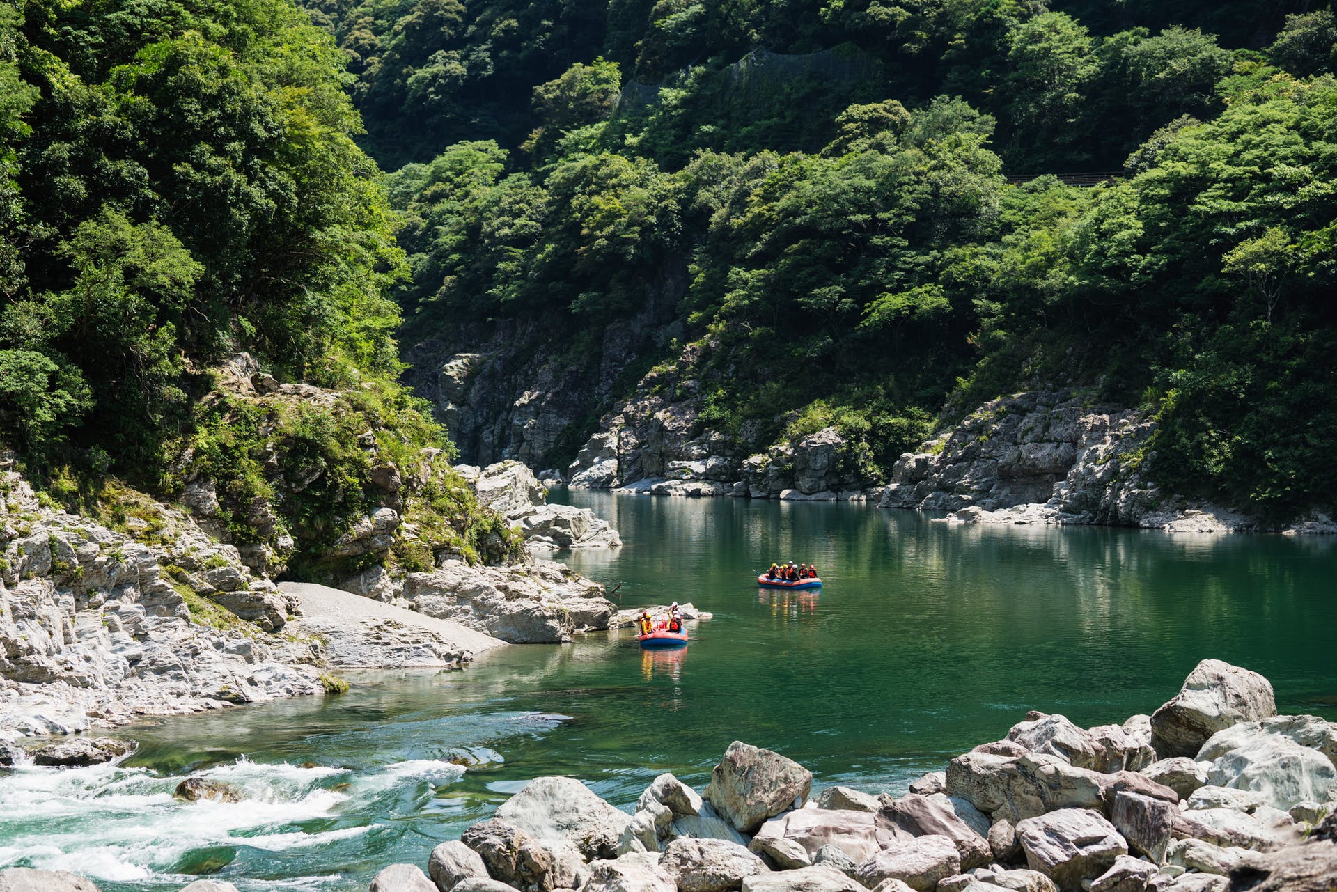 A rafting group drifts down the Pacuare River in Costa Rica.