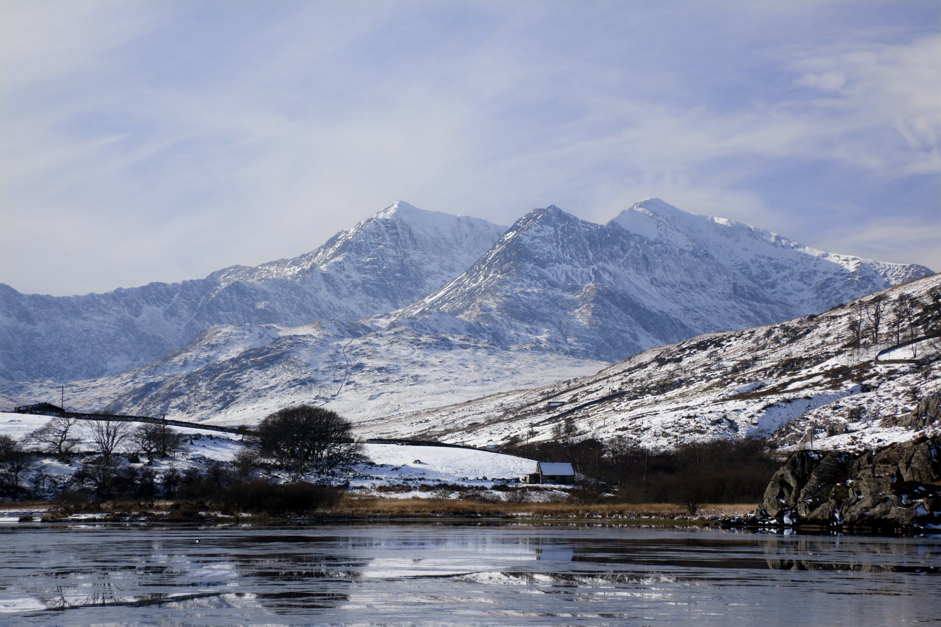 Mount Snowdon in Wales, dusted with snow.