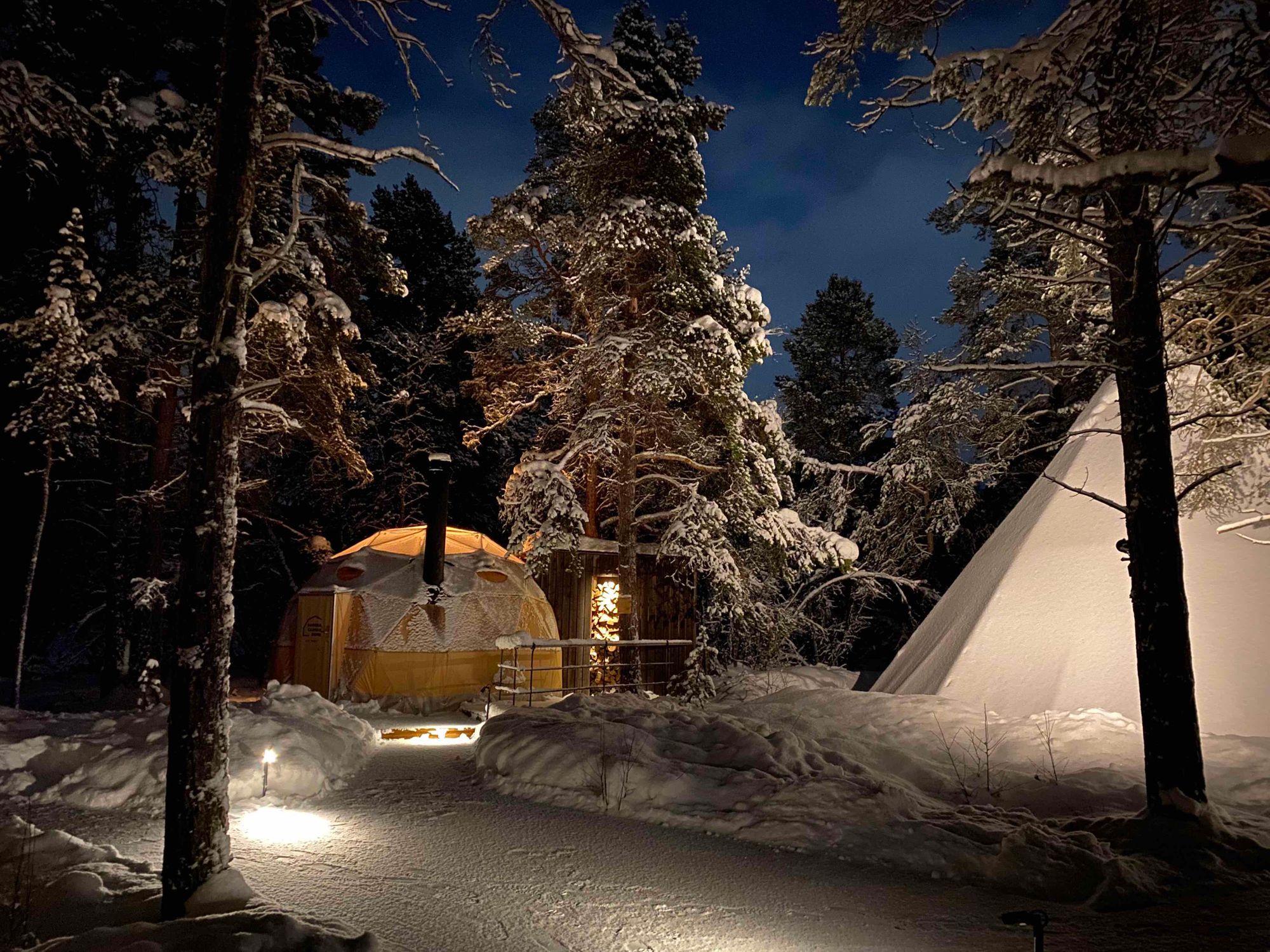 A sleeping dome in a snowy forest in the north of Norway.