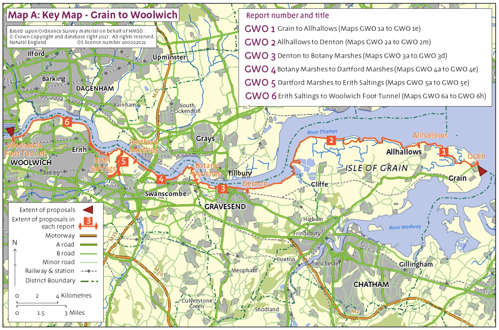 A map of the England Coast Path from Woolwich to Grain