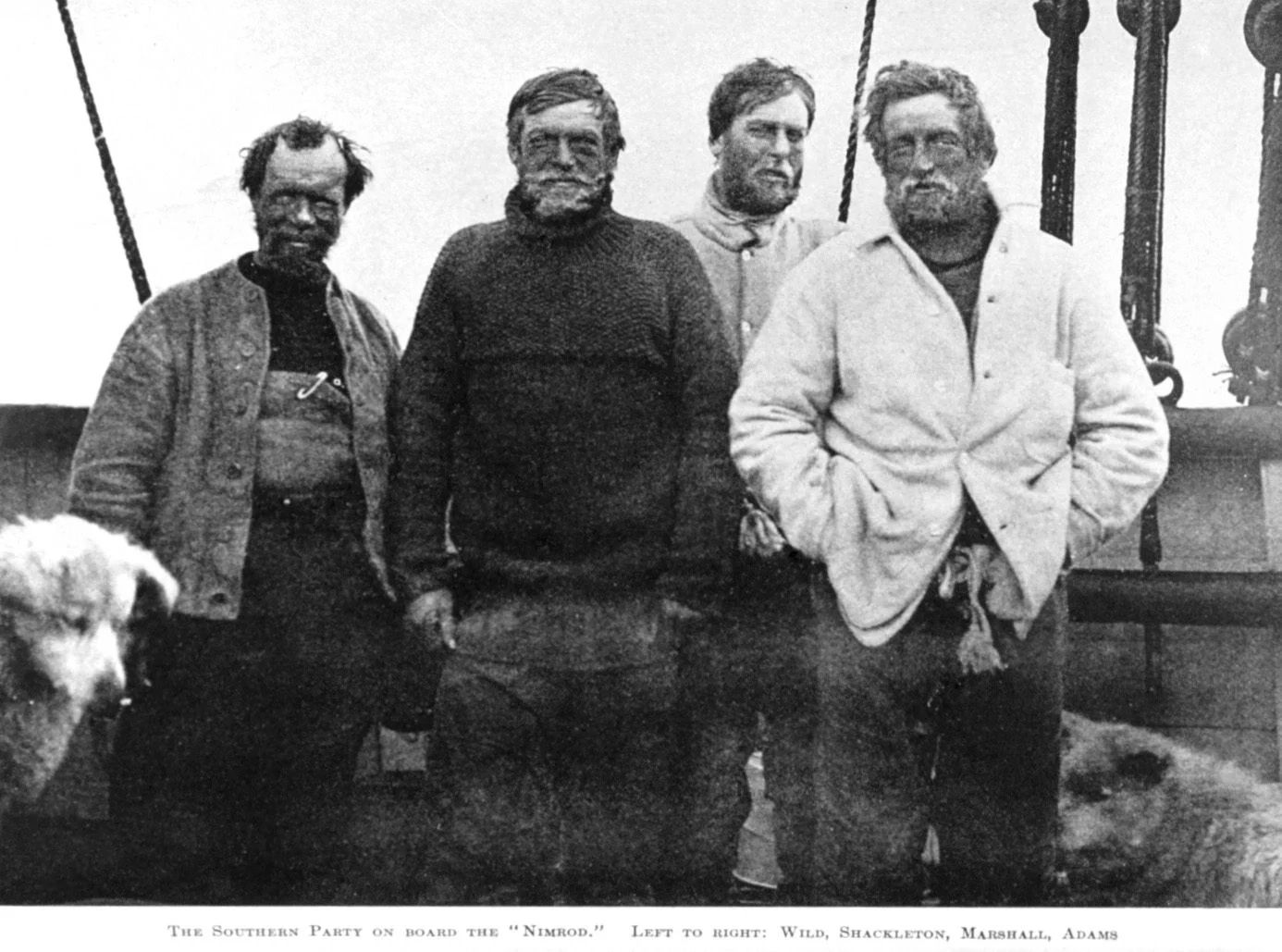 The southern party on board the Nimrod, with Wild, Ernest Shackleton, Marshall and Adams.