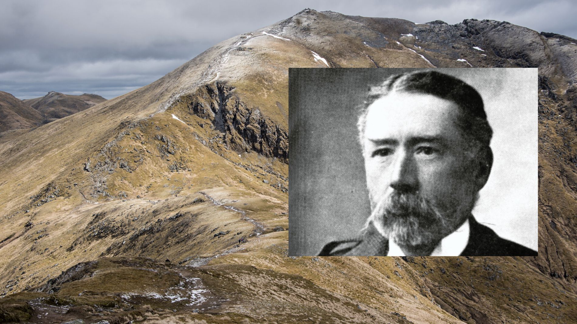 Sir Hugh Munro, and a backdrop of Ben Lawers, the first mountain over 3,000ft that Munro climbed in 1879