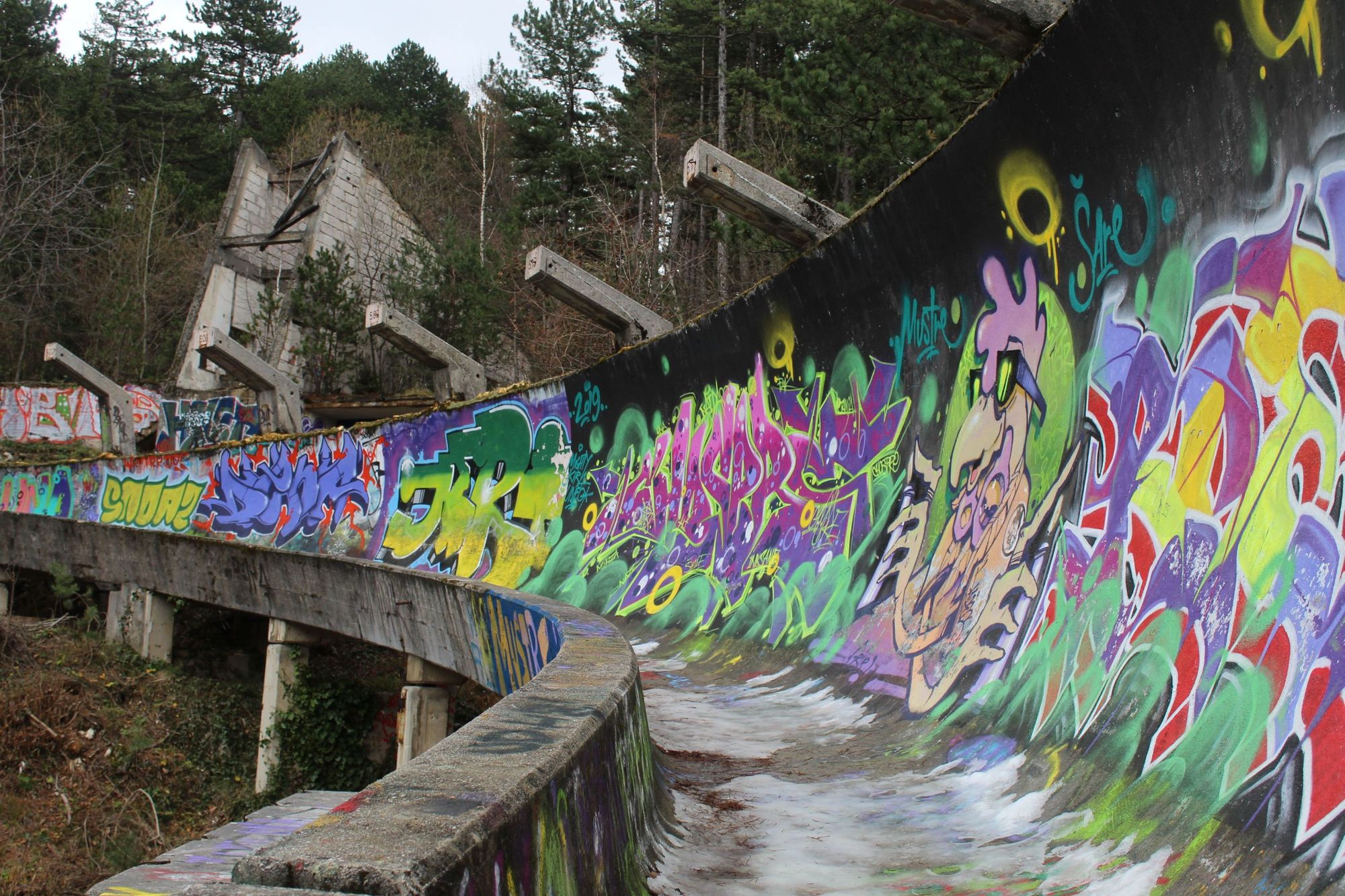 Graffiti now covers the bobsleigh and luge track where the 1984 Winter Olympics took place.