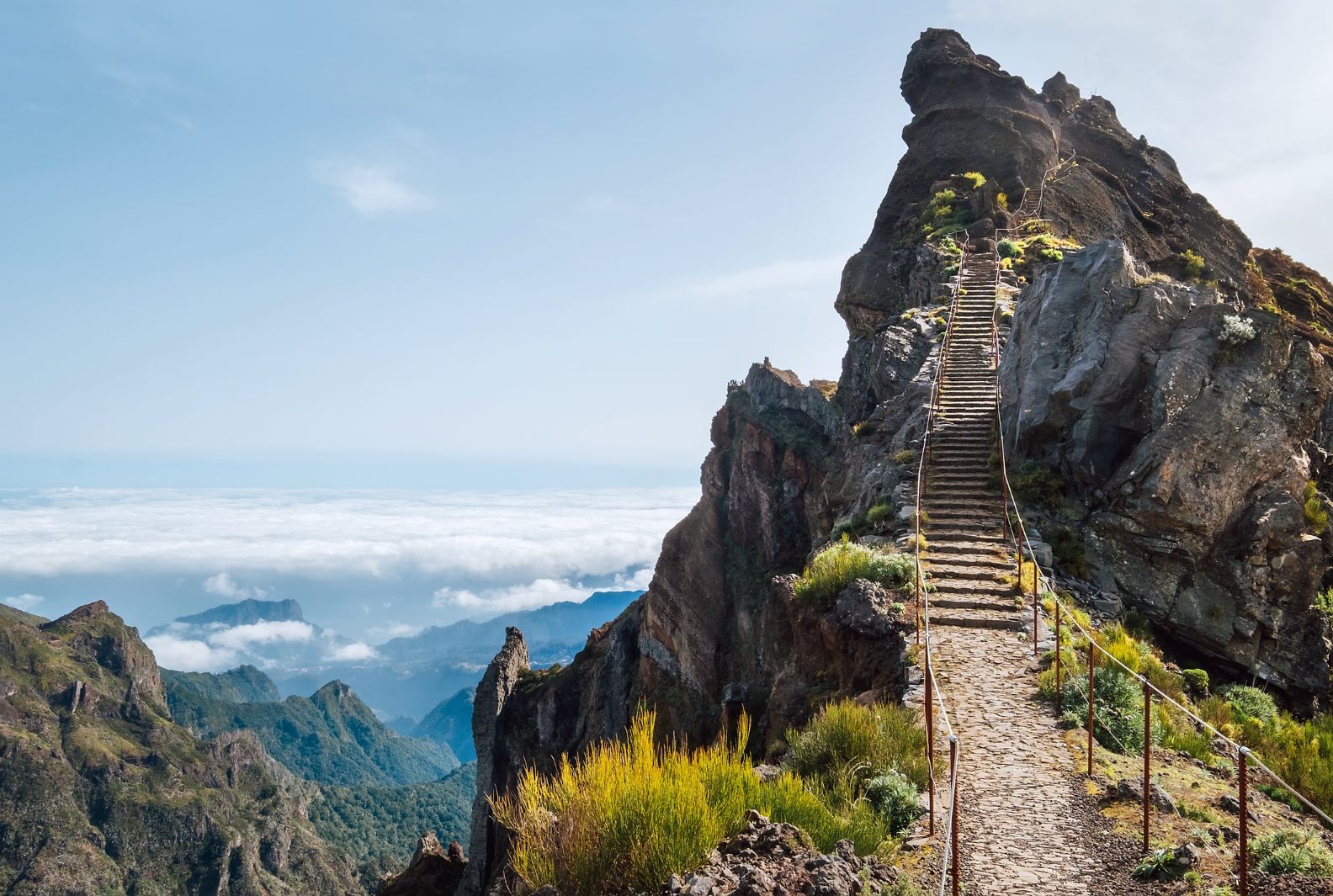 Stairs leading to the summit of Pico Ruivo, the highest mountain in Madeira.
