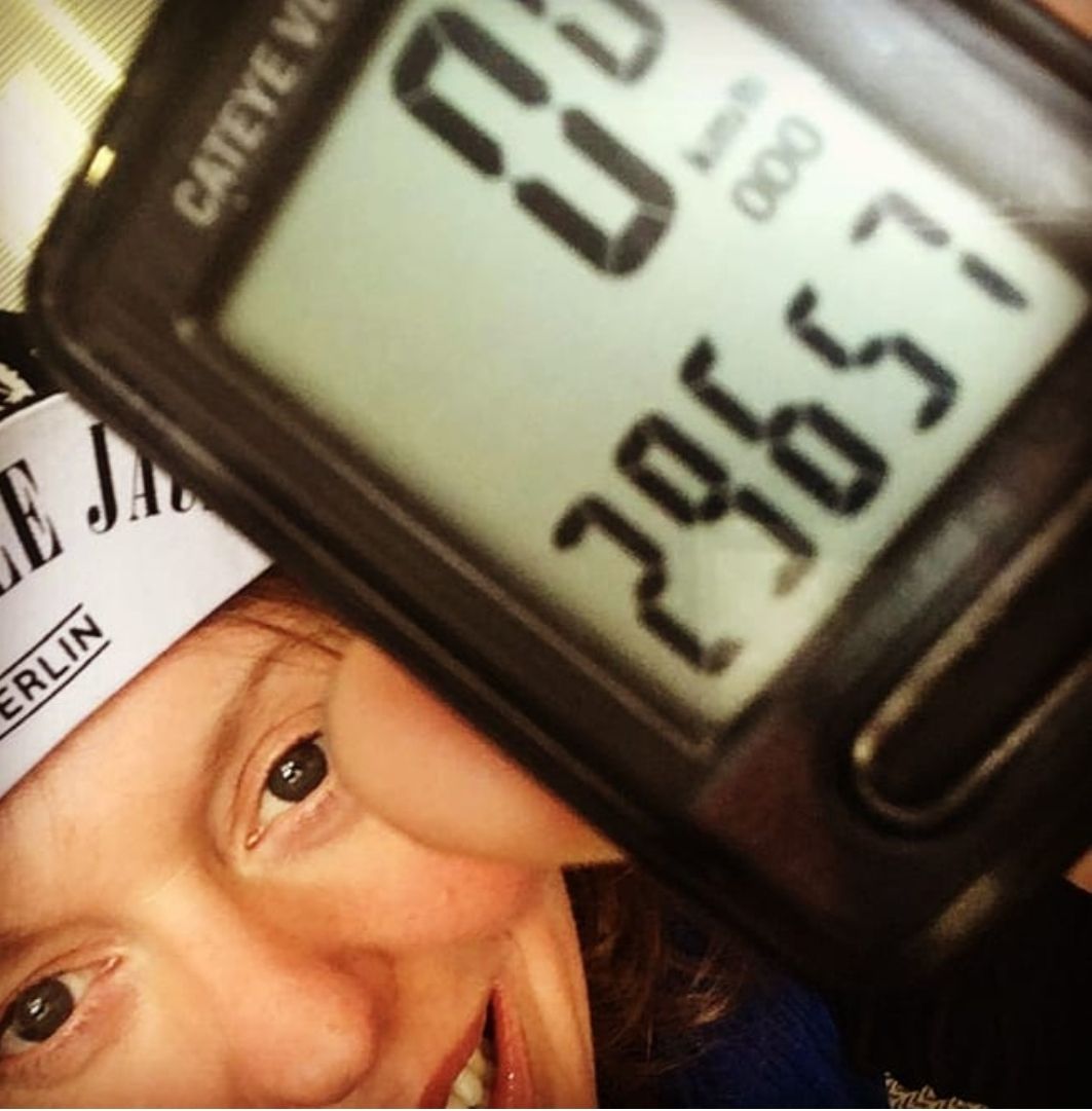 Jenny with her Garmin after clocking up almost 30,000 kilometres on the bicycle. Photo: Jenny Graham