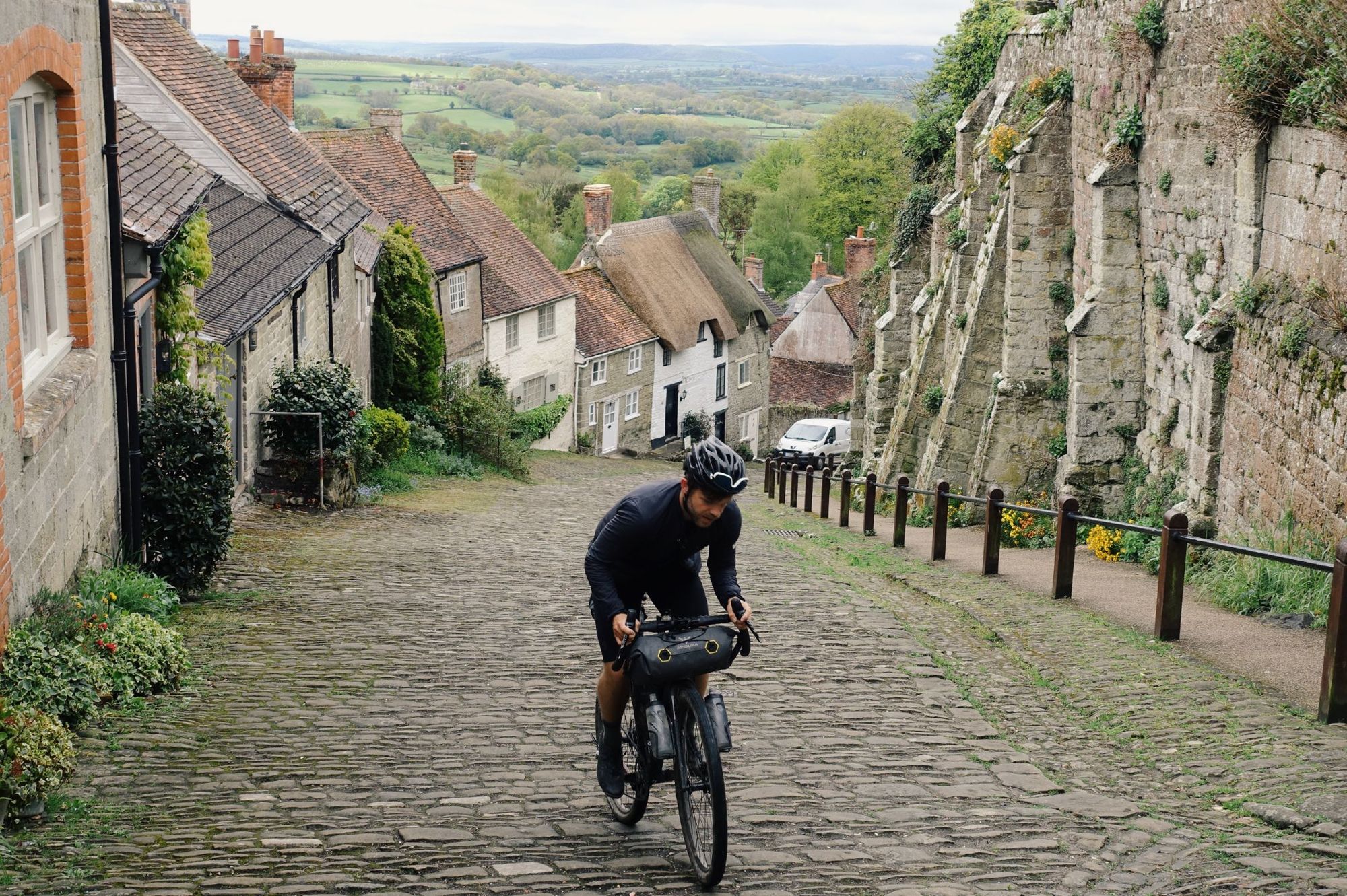 The fierce uphill on the cobblestones, climbing Shaftesbury’s Gold Hill on the Old Chalk Way. Photo: Ben Wormald / Old Chalk Way