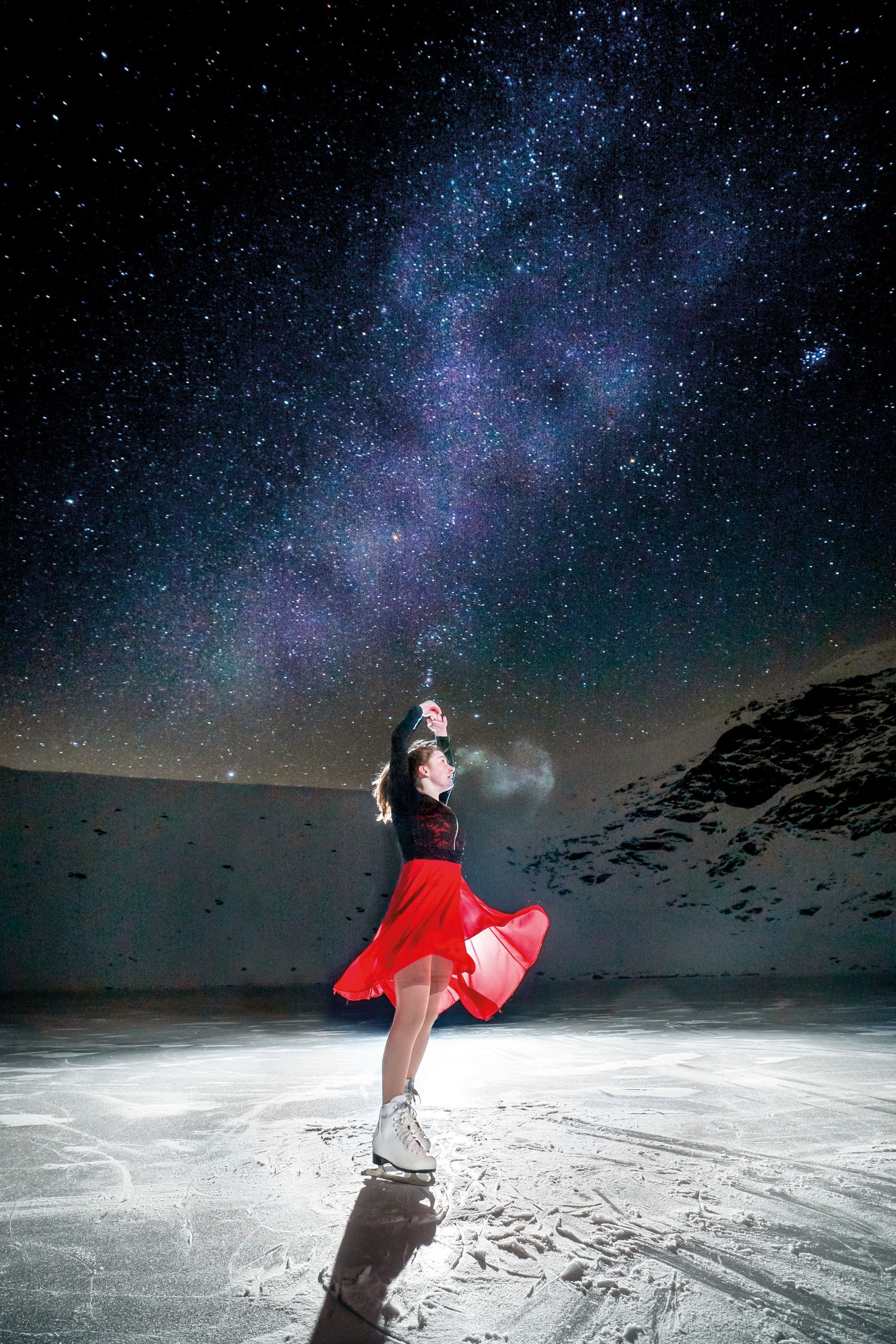 Esther Newton performs under the stars on Scales Tarn, Blencathra (a single 30-second exposure was used to capture the night sky, while strobes froze Esther in action). Photo: Tom McNally