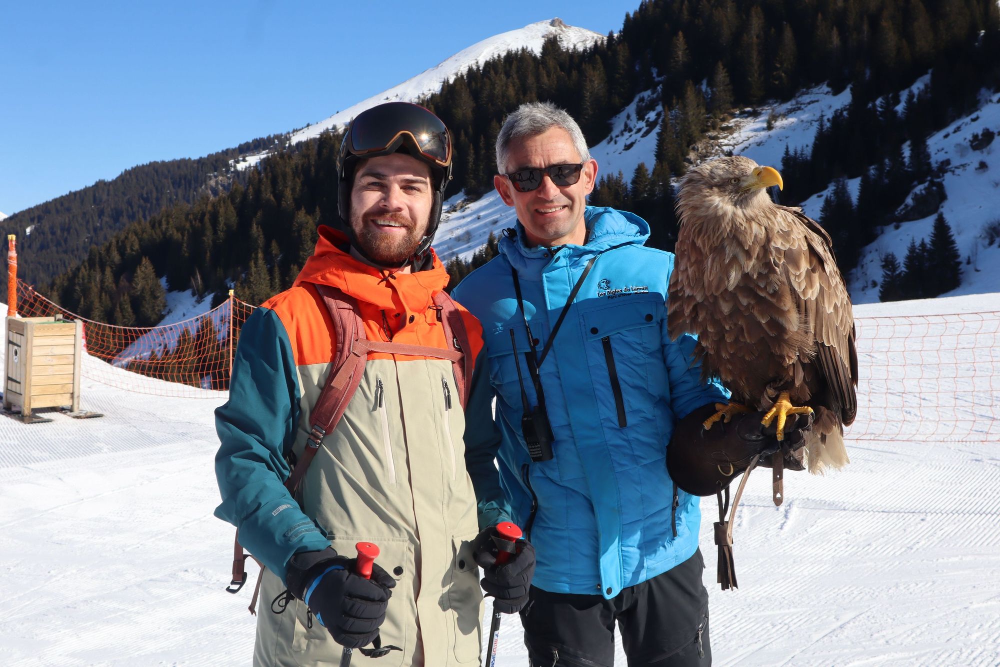 Stuart Kenny, left, with Jacques-Olivier Travers, centre, with Fletcher the sea eagle, right.