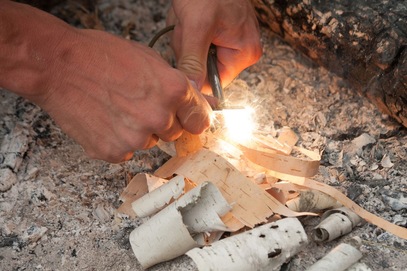 A close up of hands striking a ferro rod and producing sparks; a pile of birch bark lies below.