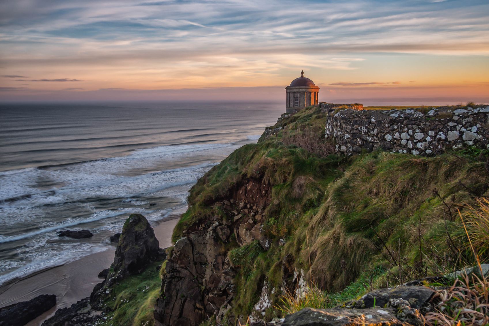 Mussenden Temple, perched on a cliff-edge on the Causeway Coast, between Coleraine and Derry. Photo: Getty
