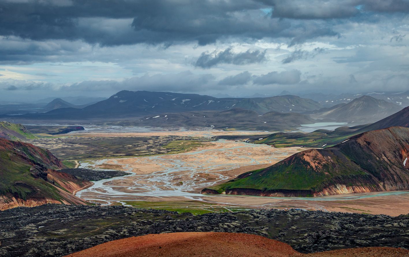 Dramatic cloudy landscapes along the Laugavegur trail.