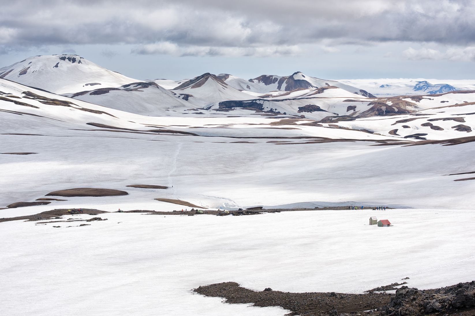 Hrafntinnusker hut and campsite on a particularly cold day on the Laugavegur Trail