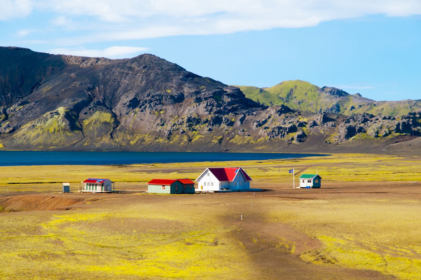 The huts and campsite at Álftavatn Lake on the Laugavegur Trail