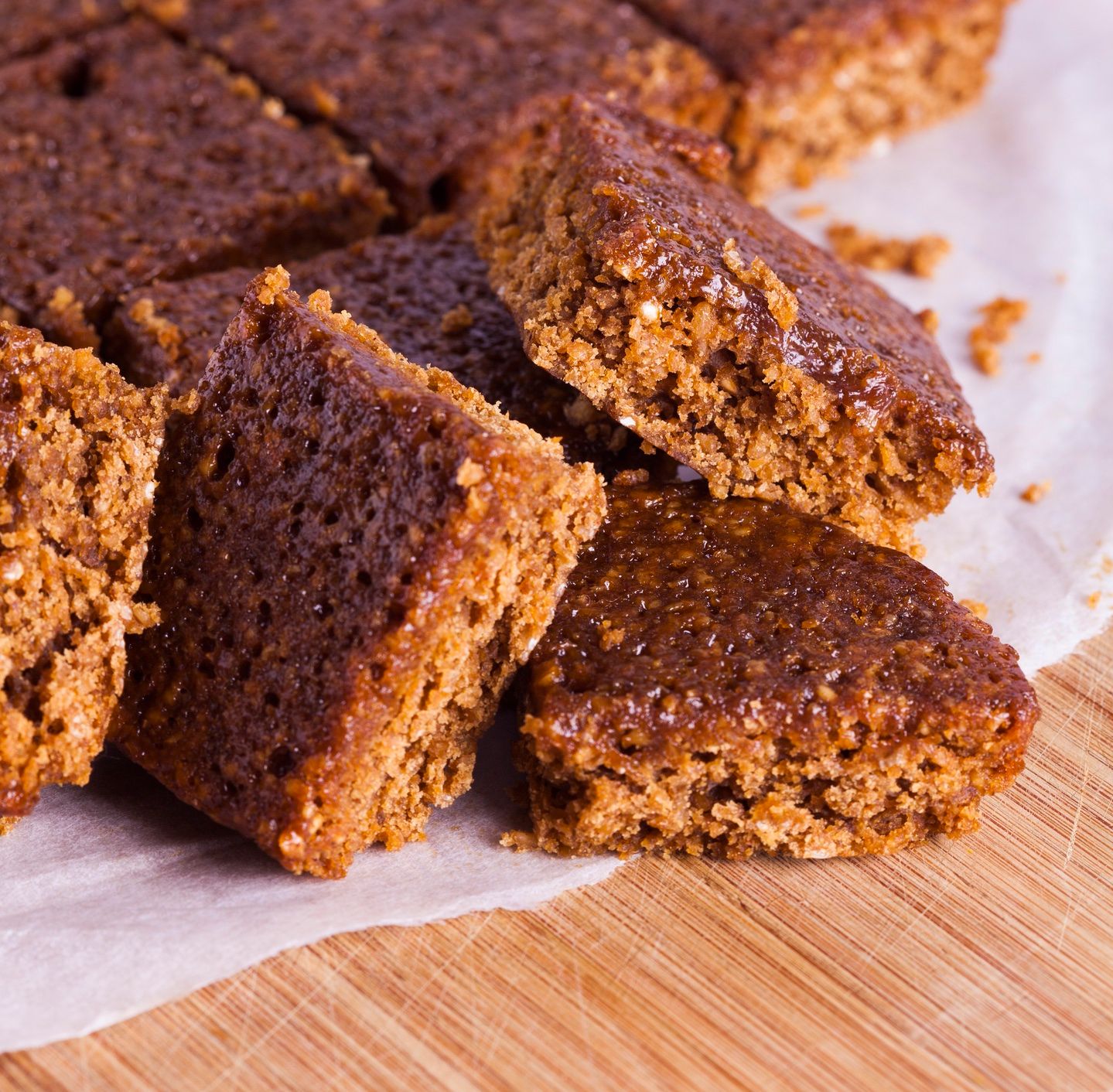 A close up shot of Yorkshire Parkin, a spicy gingerbread made with oats.
