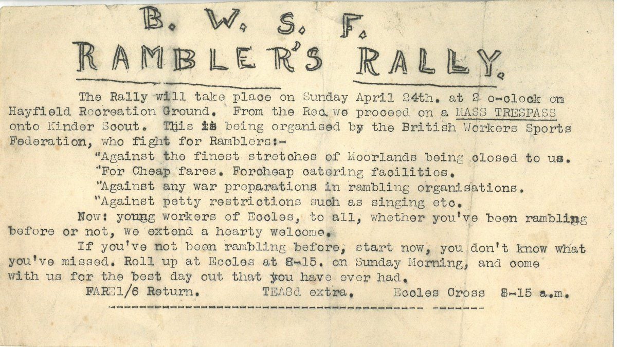 The invitation to the original mass trespass of Kinder Scout, written by the British Workers’ Sport Federation