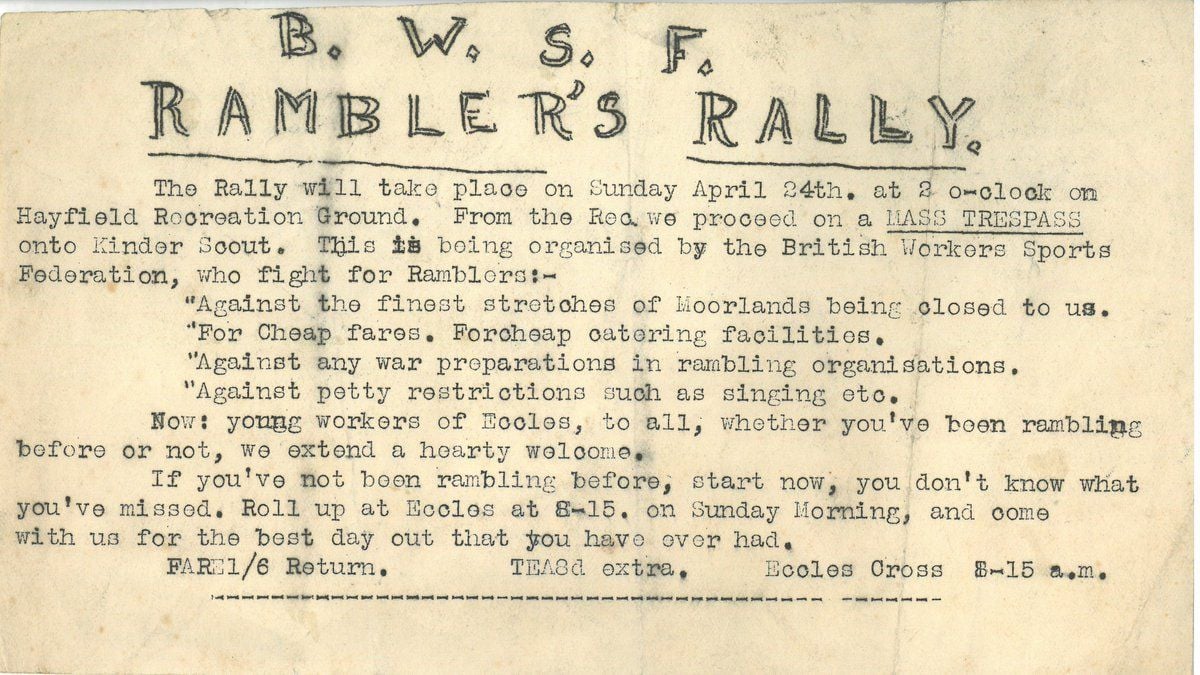 The invitation to the original mass trespass of Kinder Scout, written by the British Workers’ Sport Federation 