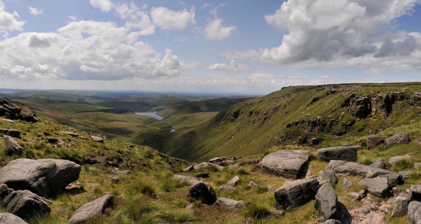 A Peak District view over the valley of the River Kinder, past Mermaid's Pool, Kinder Reservoir and onwards to Greater Manchester