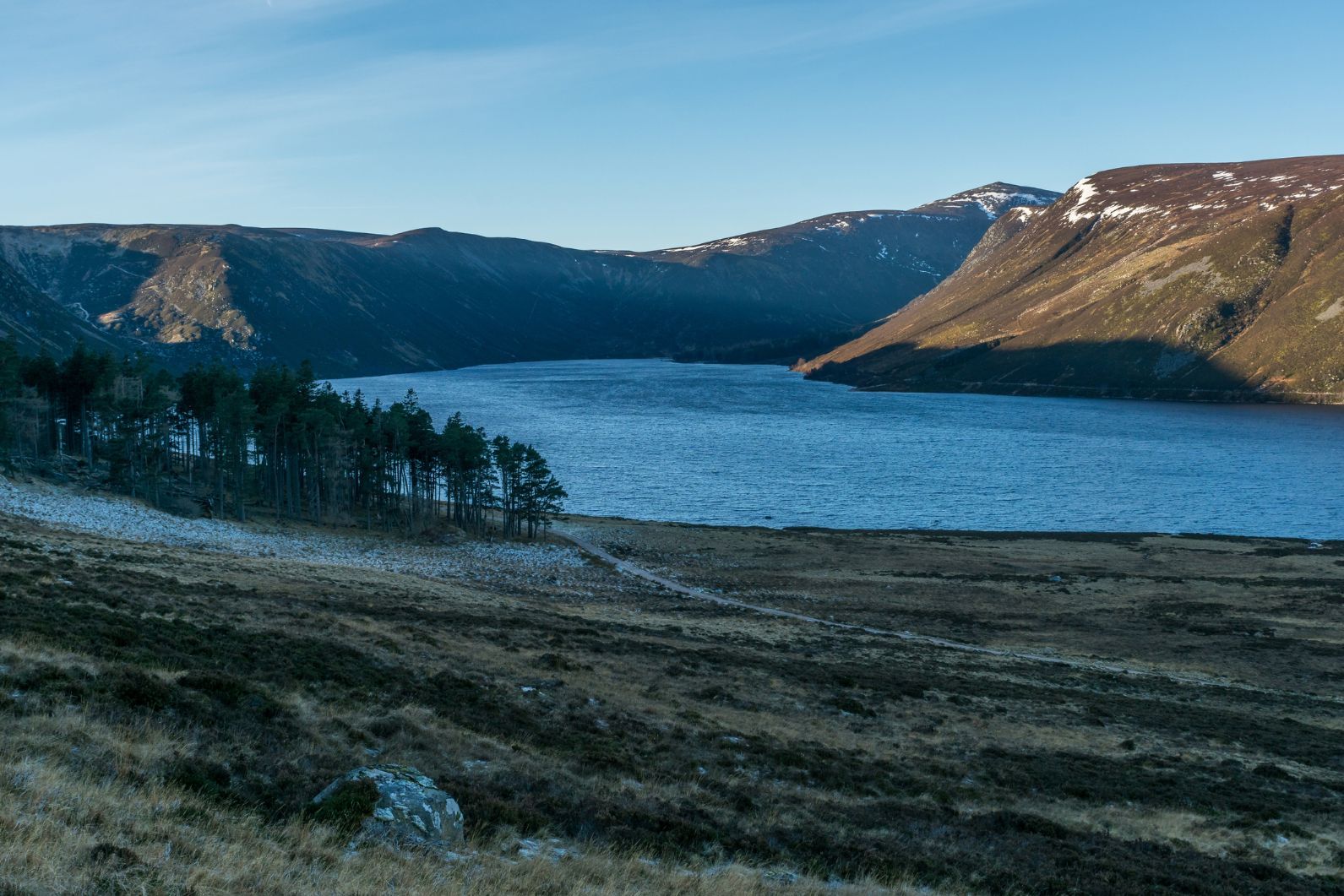 Looking down onto Loch Muick with the Broad Cairn in the background.