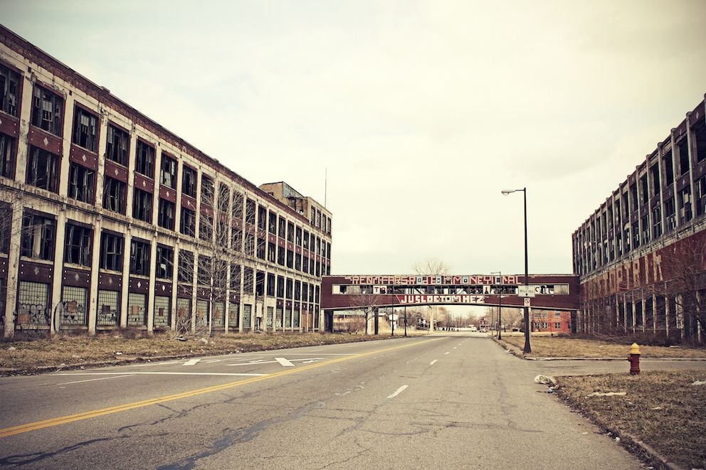 Main entrance for Detroit Packard Plant, which closed in 1957 and has been deteriorating ever since