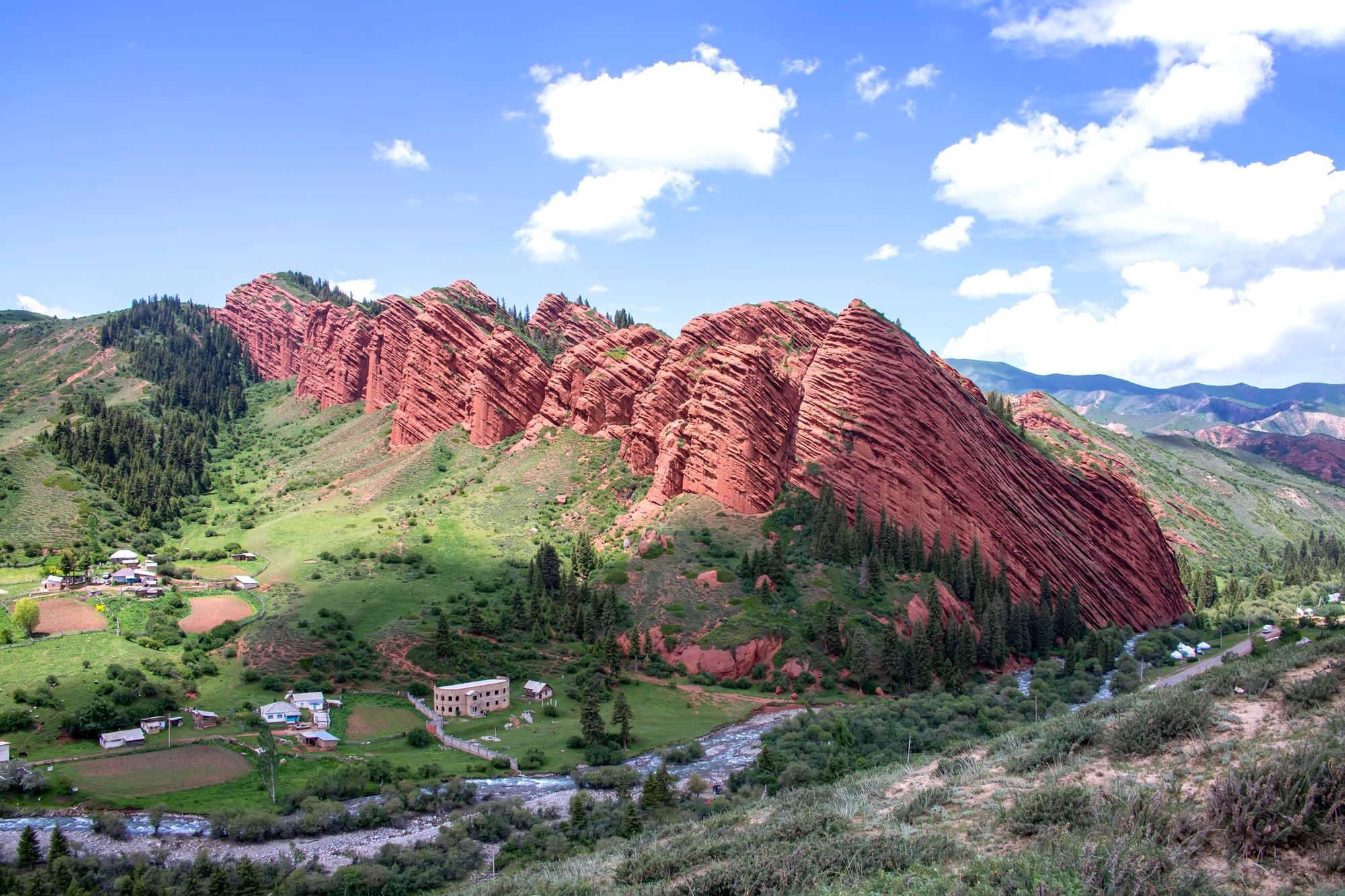 The vibrant red Jety Oguz sandstone cliffs in Kyrgyzstan