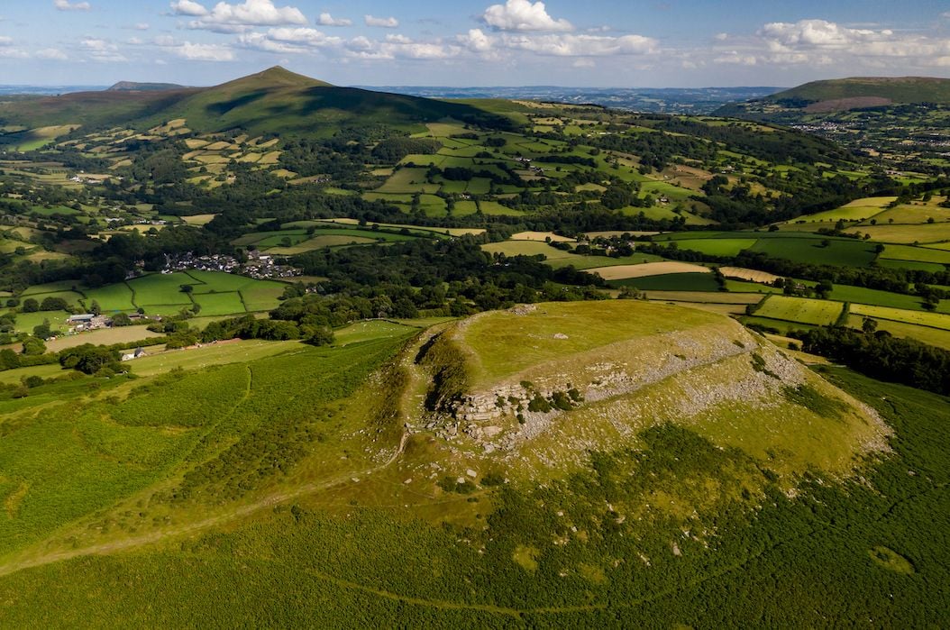 An Aerial view of Table Mountain, an ancient iron age hillfort next to Crickhowell.
