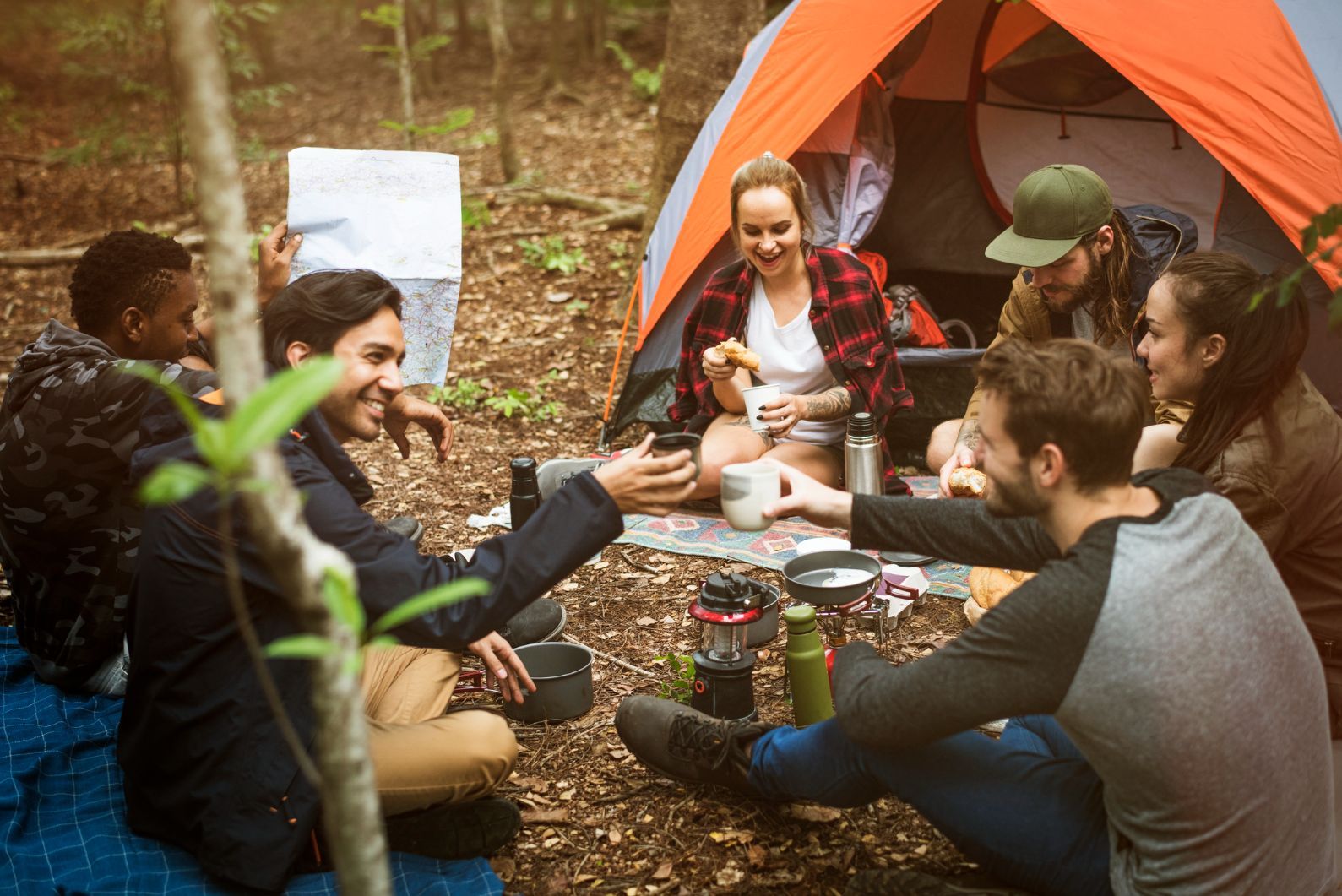 A group of campers toast drinks in a circle in a forest.