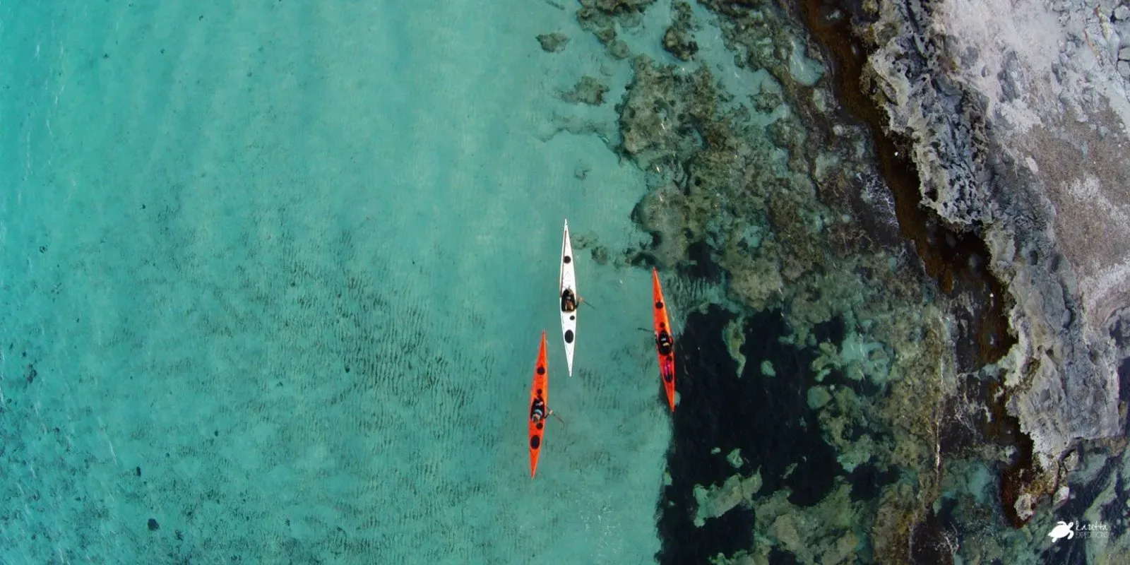 Aerial view of kayaks of the coast of Menorca