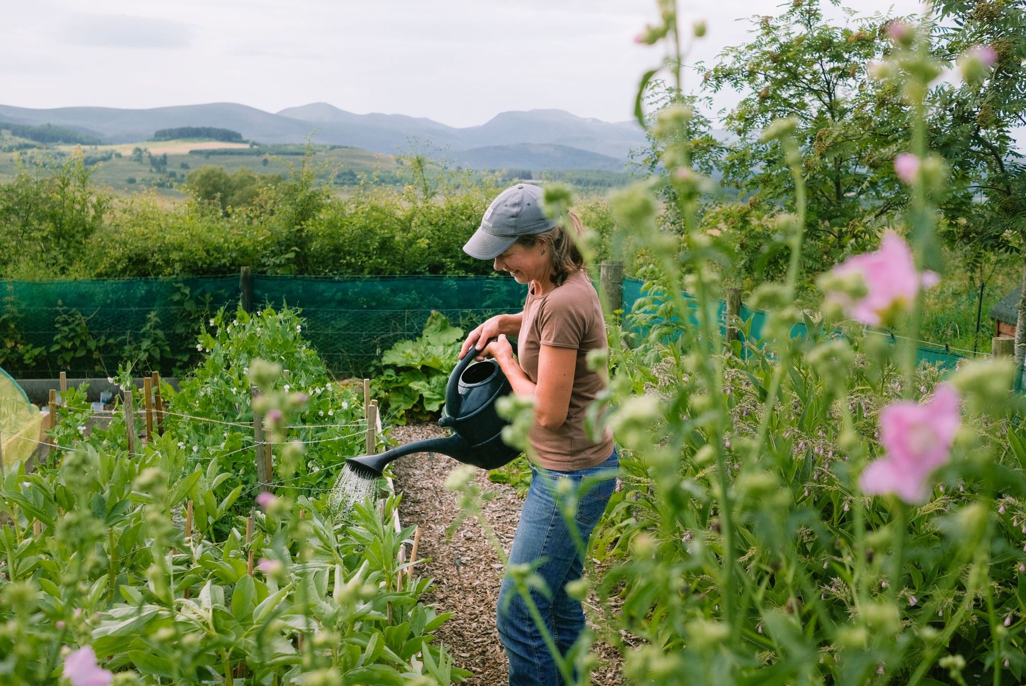 A woman waters vegetables in the garden of a Highland croft.