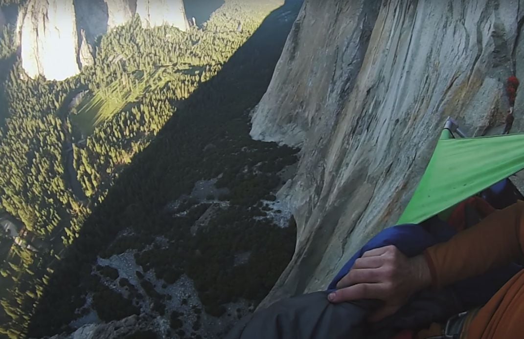 The remarkable view from Bate's hanging tent accommodation, on El Cap in the Yosemite valley. Photo: Riding Light