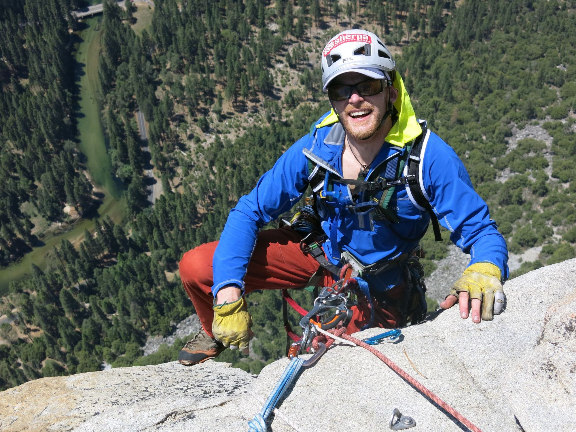 Steve Bate climbing, and the big view from the top of El Captain. Photo: Steve Bate