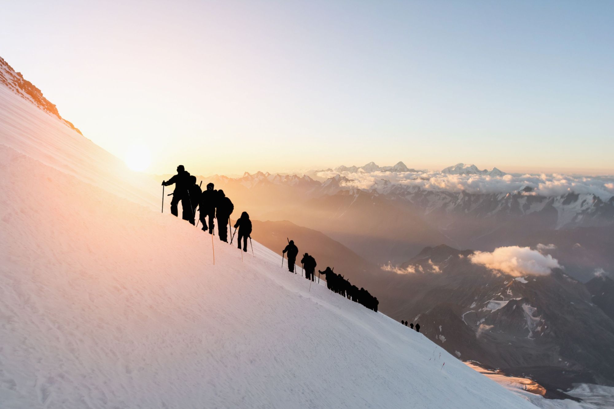 Climbers on Mount Elbrus in Caucasus Mountains, Russia