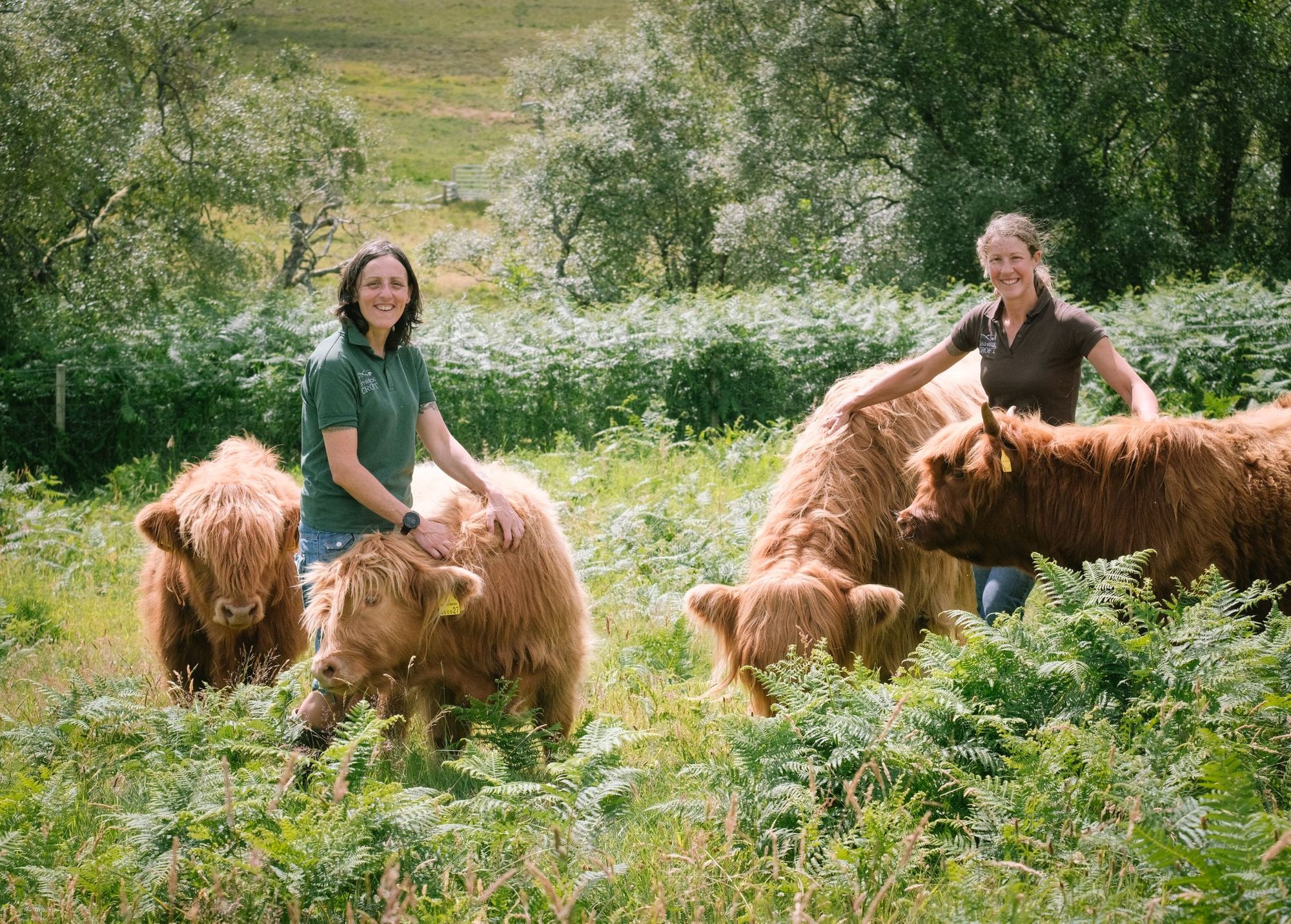 Sandra Baer and Lynn Cassells pose with Highland cattle on Lynbreck Croft.