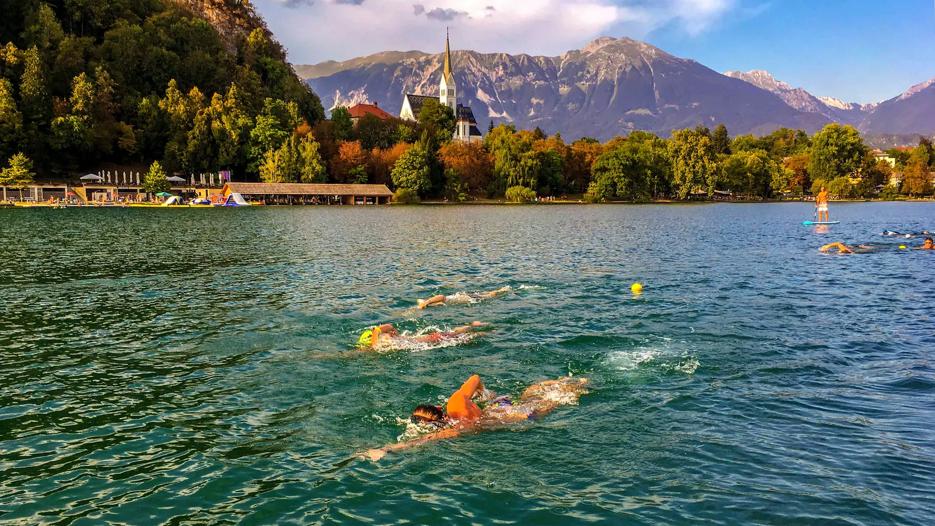 Swimmers in Lake Bled, Slovenia