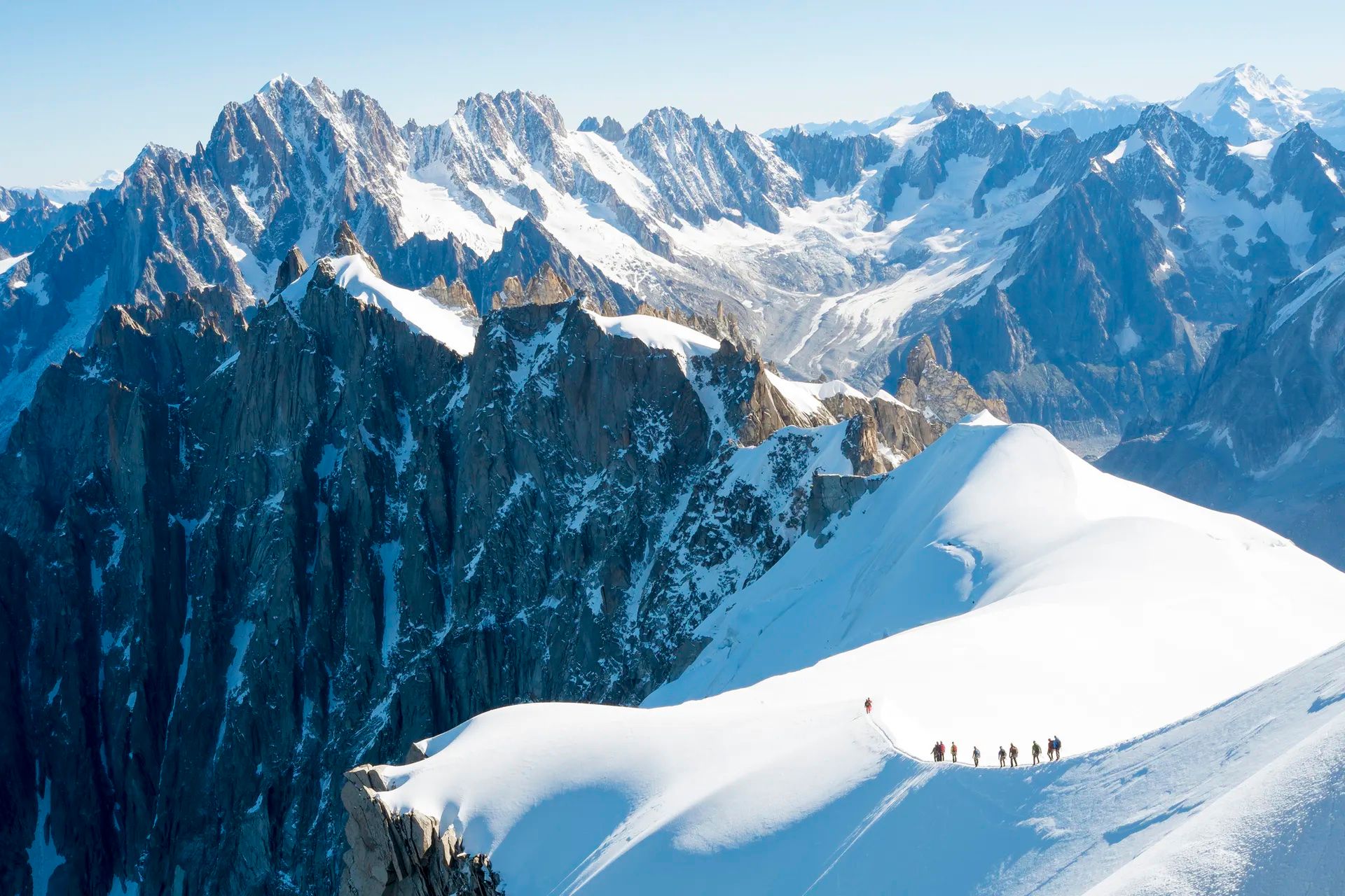 Climbers on Mont Blanc, the highest mountain in Western Europe.