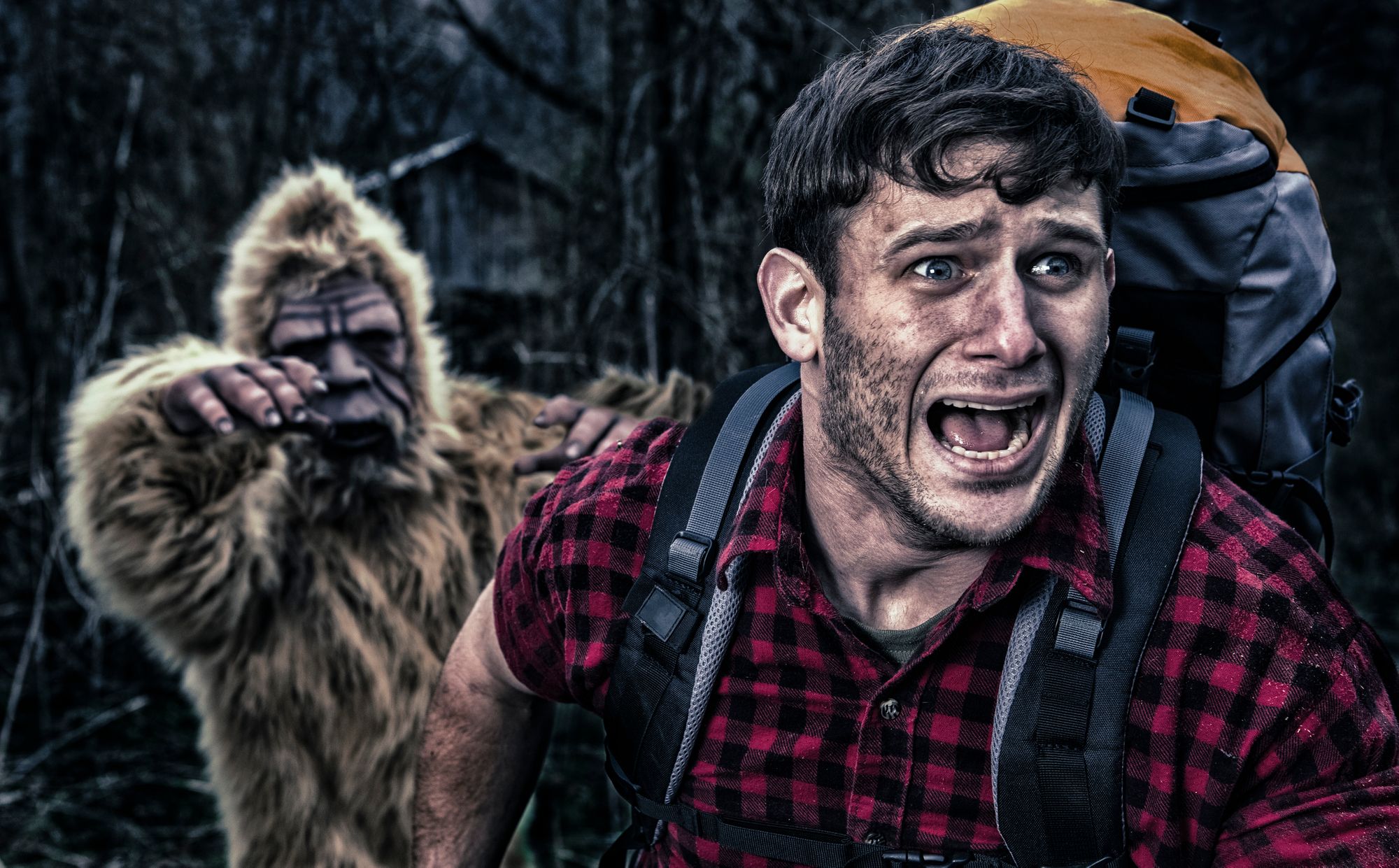 A terrified camper runs away from big foot in the forests.