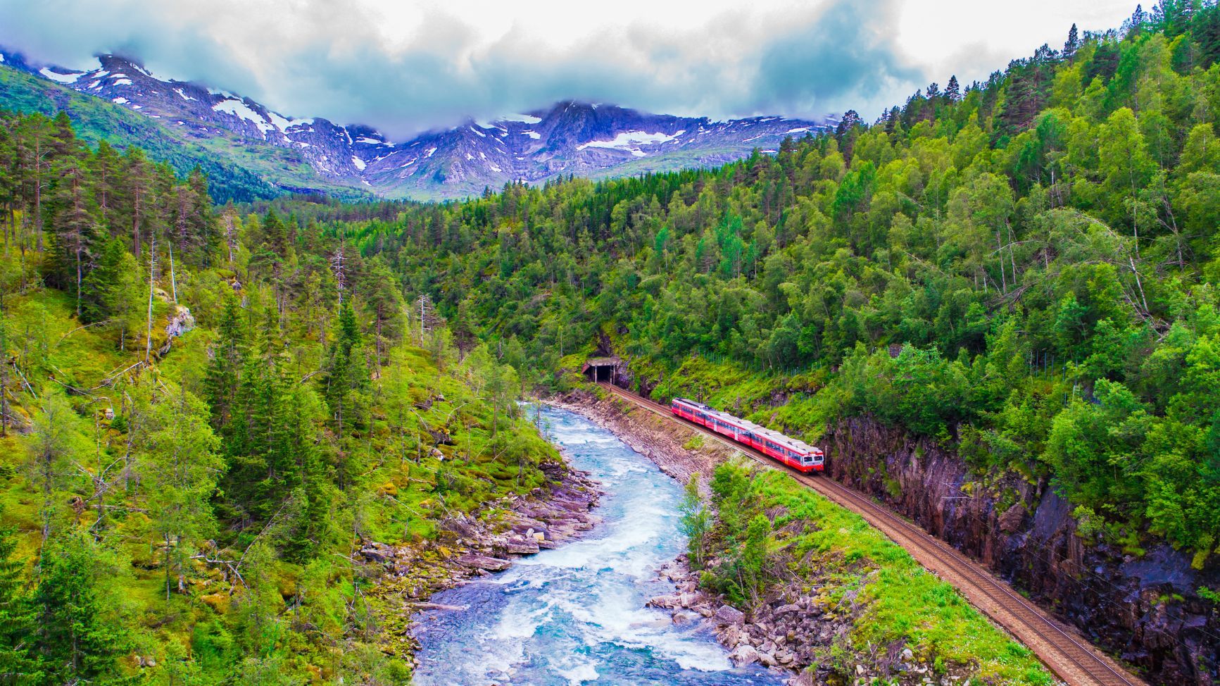 A remarkable mountain and forest view on the train line from Oslo to Bergen.